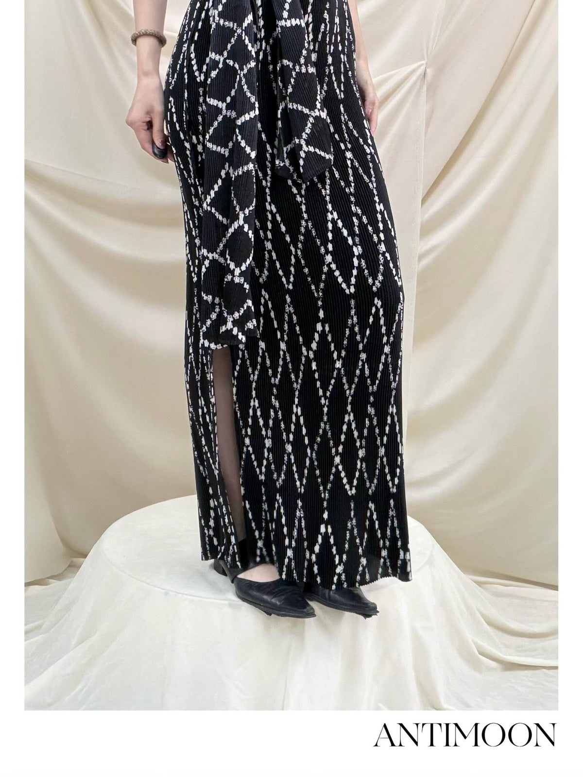 ANTIMOON Geometric Print Ruched Black Women's Polyester Bodycon Maxi Dresses