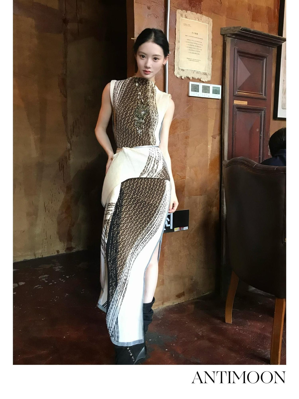 ANTIMOON Geometric Print Ruched Retro Women's Polyester Bodycon Maxi Dresses