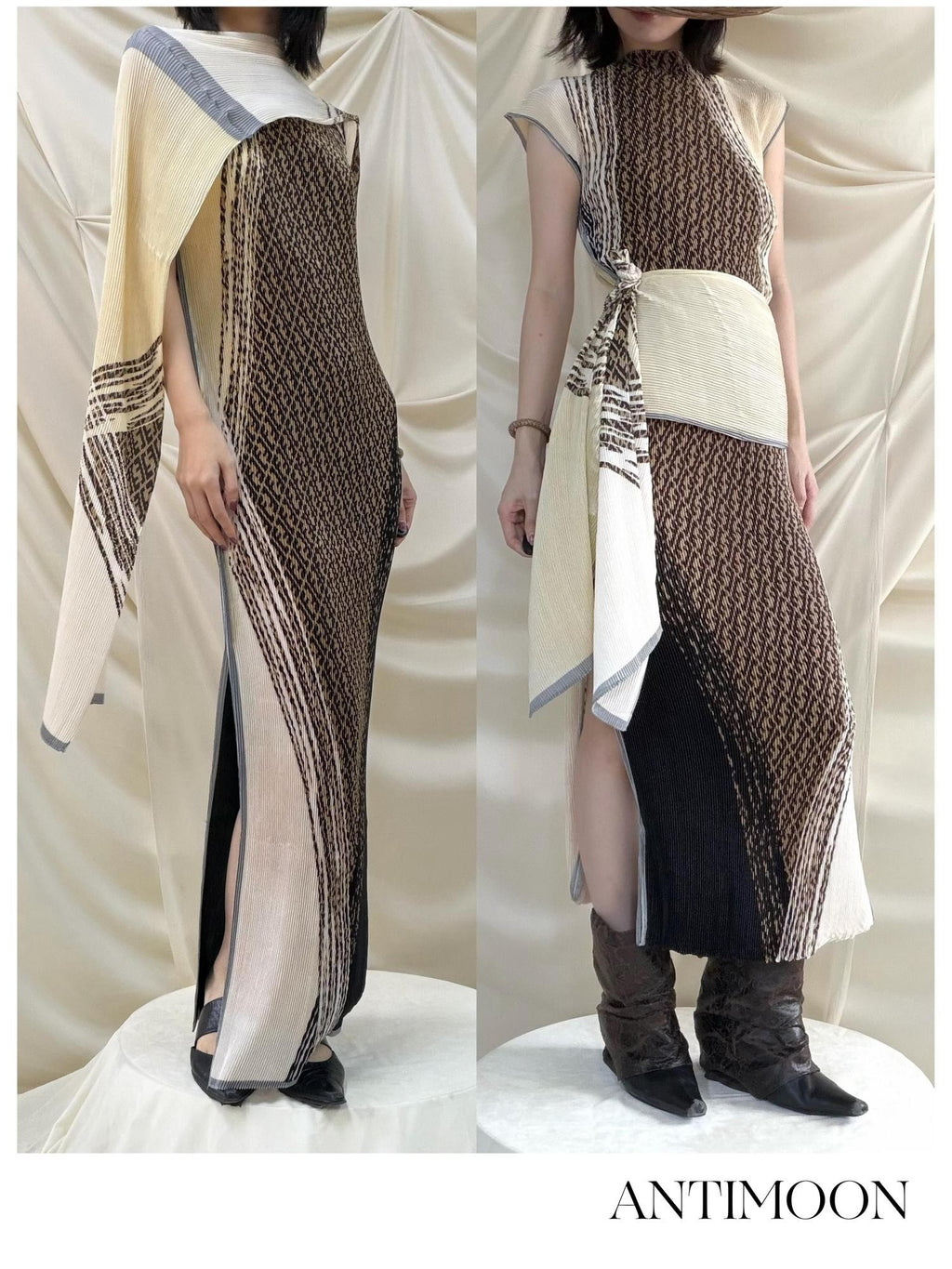 ANTIMOON Geometric Print Ruched Retro Women's Polyester Bodycon Maxi Dresses