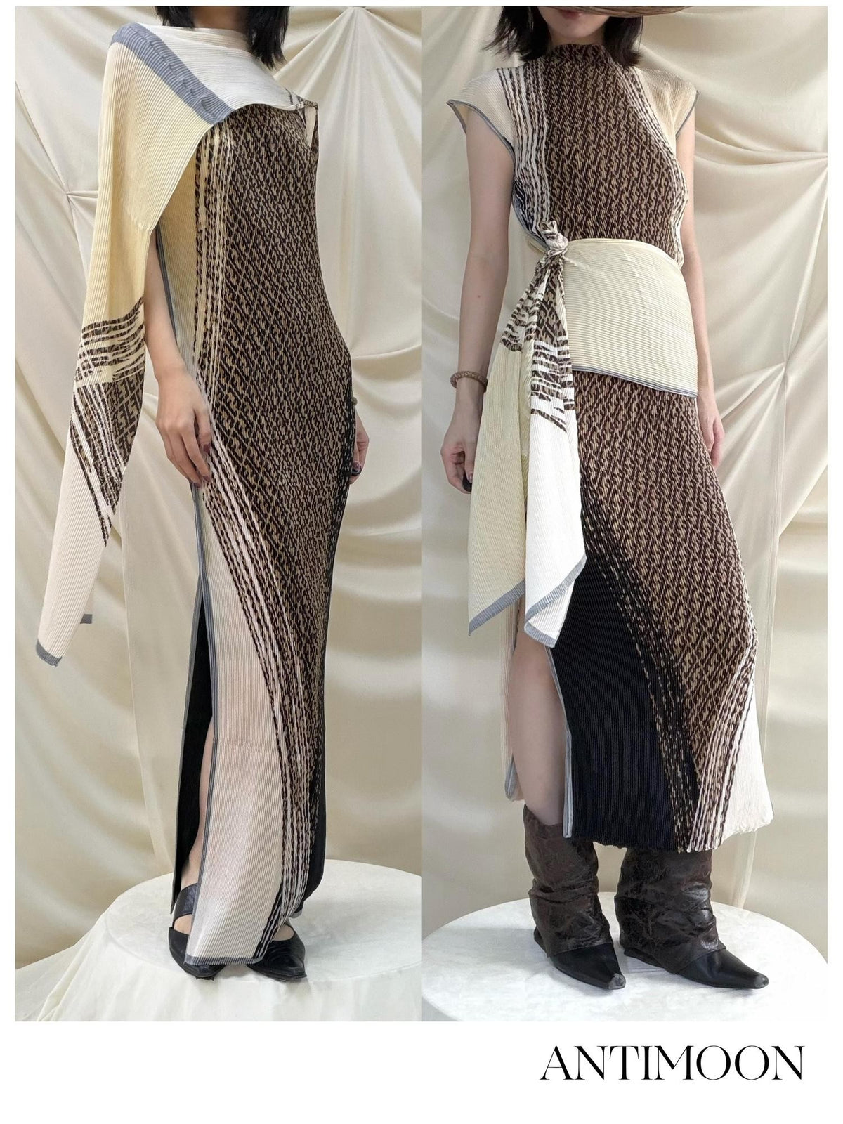 ANTIMOON Geometric Print Ruched Retro Women's Polyester Bodycon Maxi Dresses