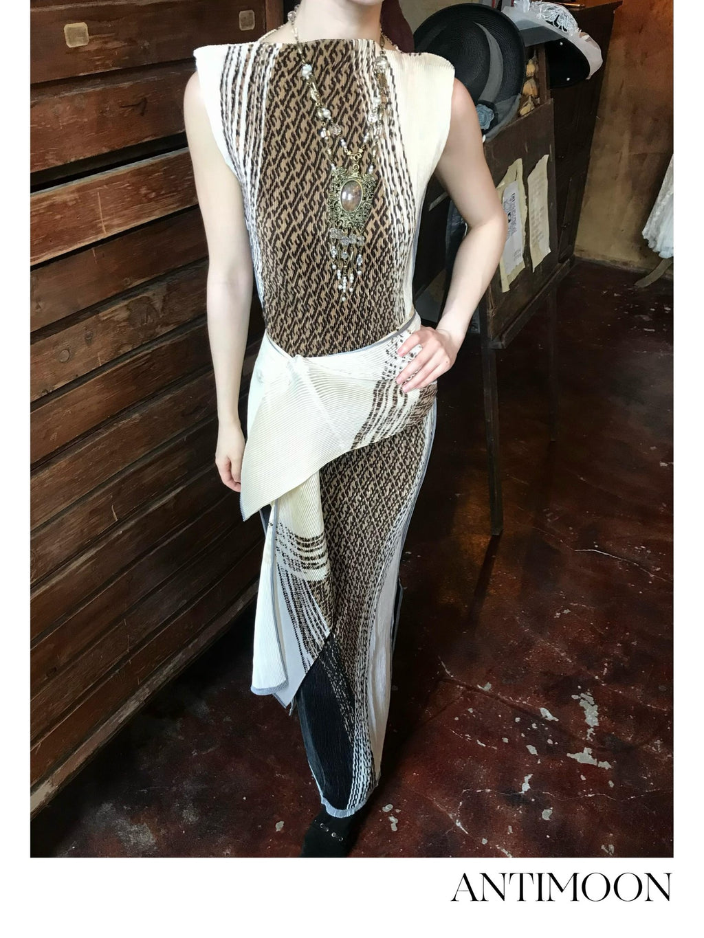 ANTIMOON Geometric Print Ruched Retro Women's Polyester Bodycon Maxi Dresses