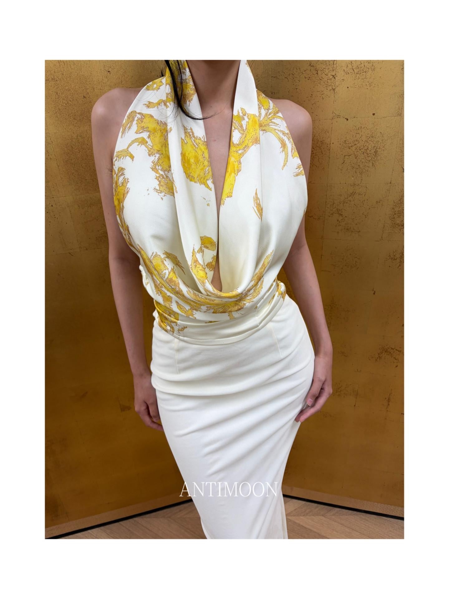 ANTIMOON Gold Foil Convertible Vintage Print Cowl Halter Women's Polyester Tube Tops