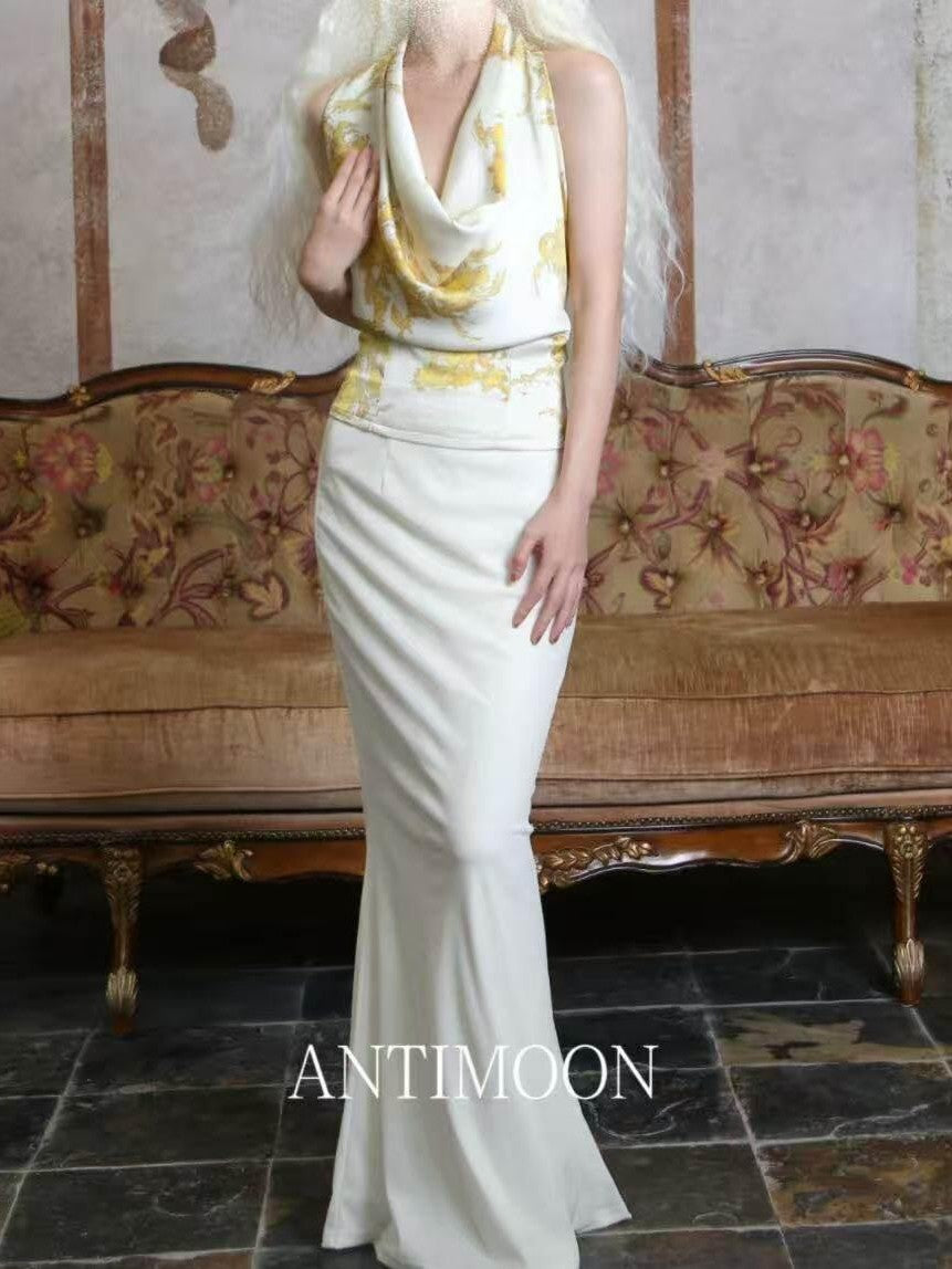 ANTIMOON Gold Foil Convertible Vintage Print Cowl Halter Women's Polyester Tube Tops