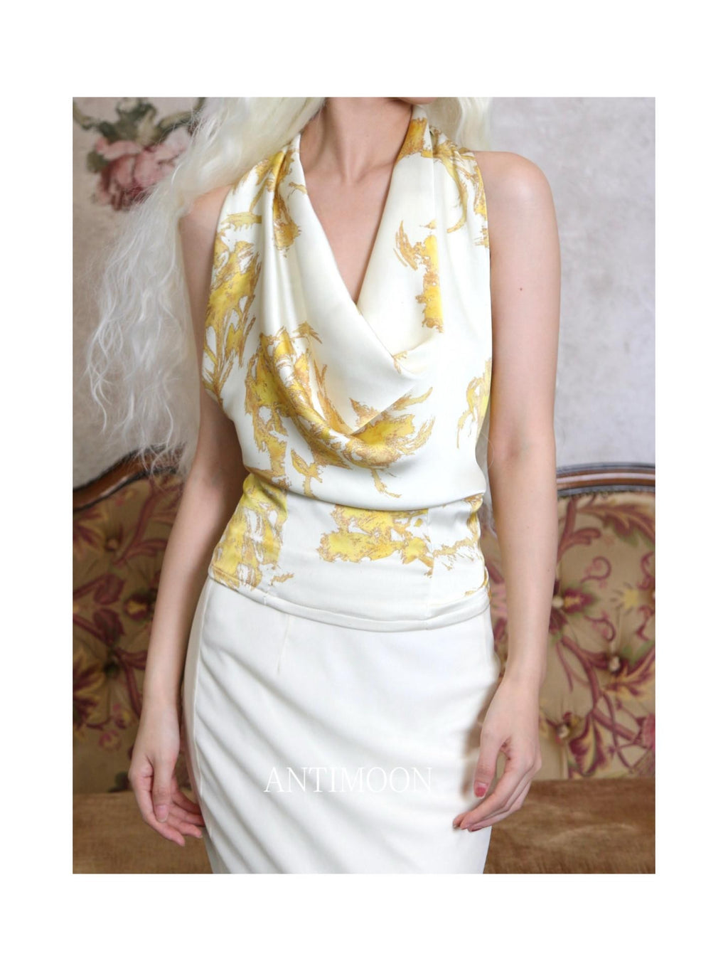 ANTIMOON Gold Foil Convertible Vintage Print Cowl Halter Women's Polyester Tube Tops