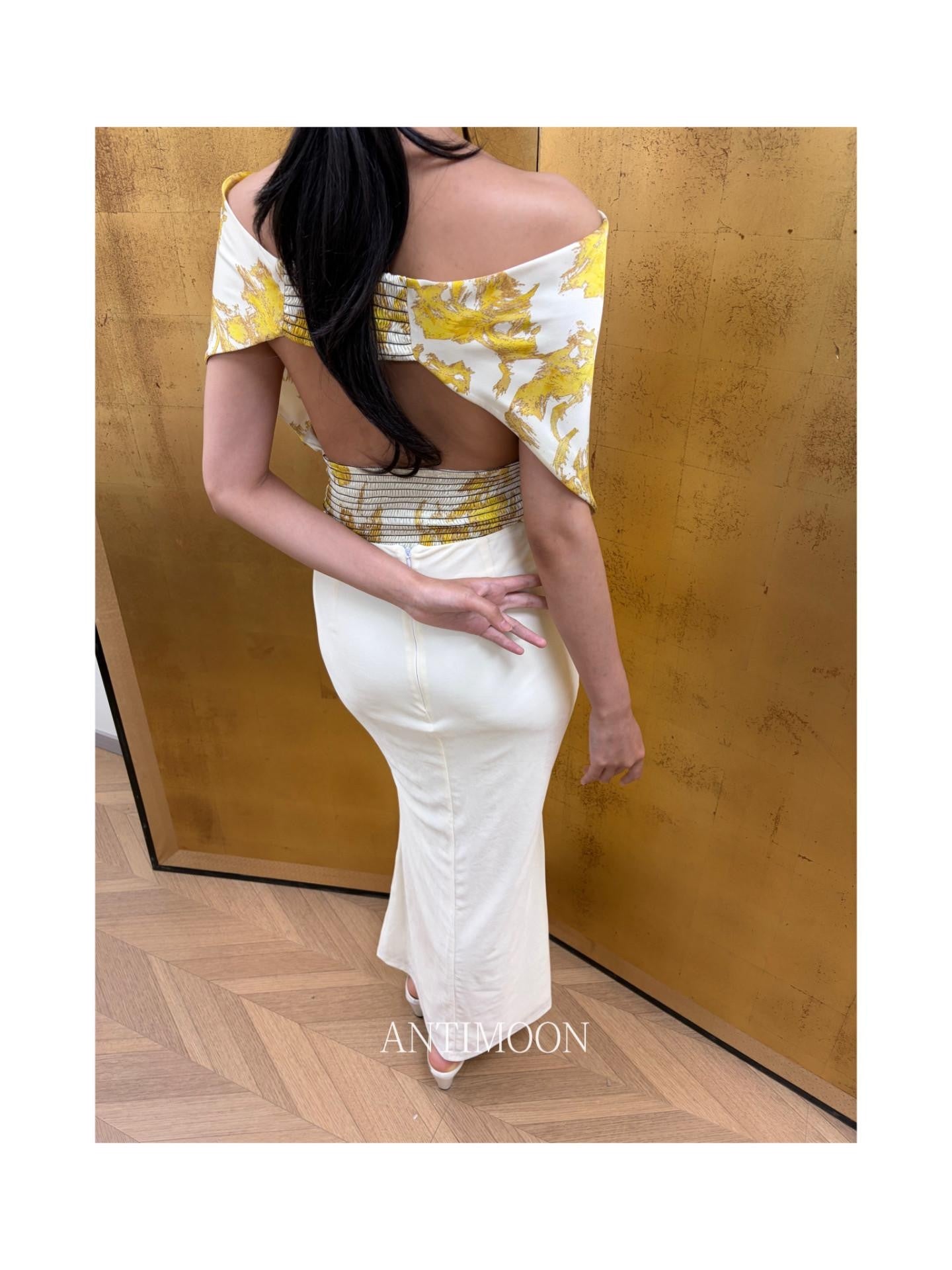 ANTIMOON Gold Foil Convertible Vintage Print Cowl Halter Women's Polyester Tube Tops