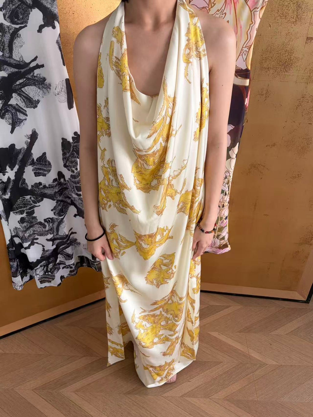 ANTIMOON Gold Foil Floral Print Halter Draped Neck Women's Polyester Boho Maxi Dresses
