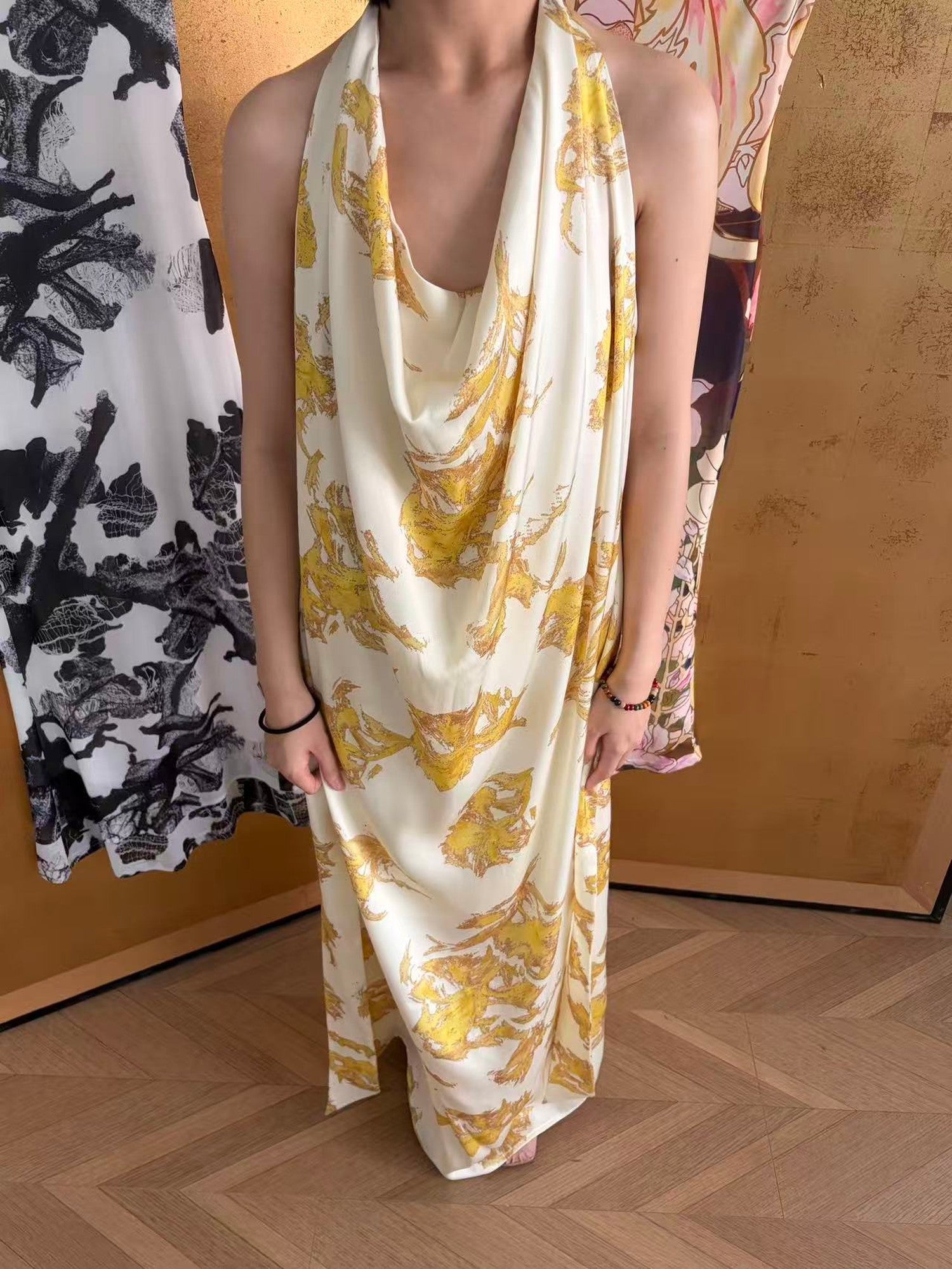 ANTIMOON Gold Foil Floral Print Halter Draped Neck Women's Polyester Boho Maxi Dresses
