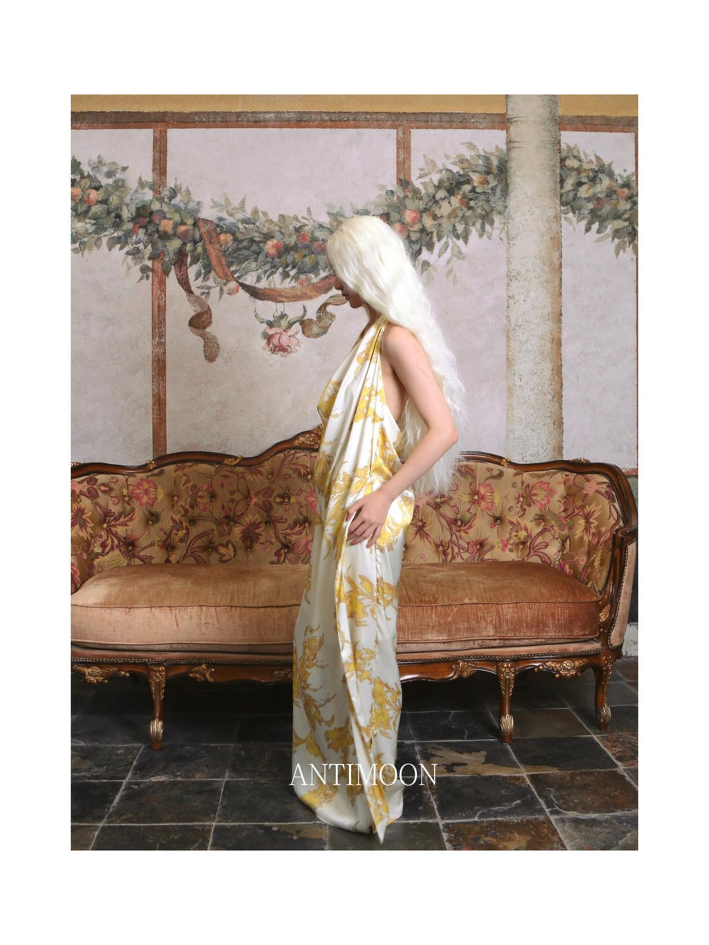 ANTIMOON Gold Foil Floral Print Halter Draped Neck Women's Polyester Boho Maxi Dresses