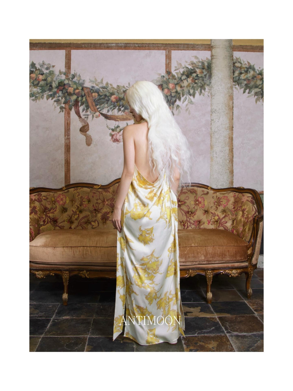ANTIMOON Gold Foil Floral Print Halter Draped Neck Women's Polyester Boho Maxi Dresses