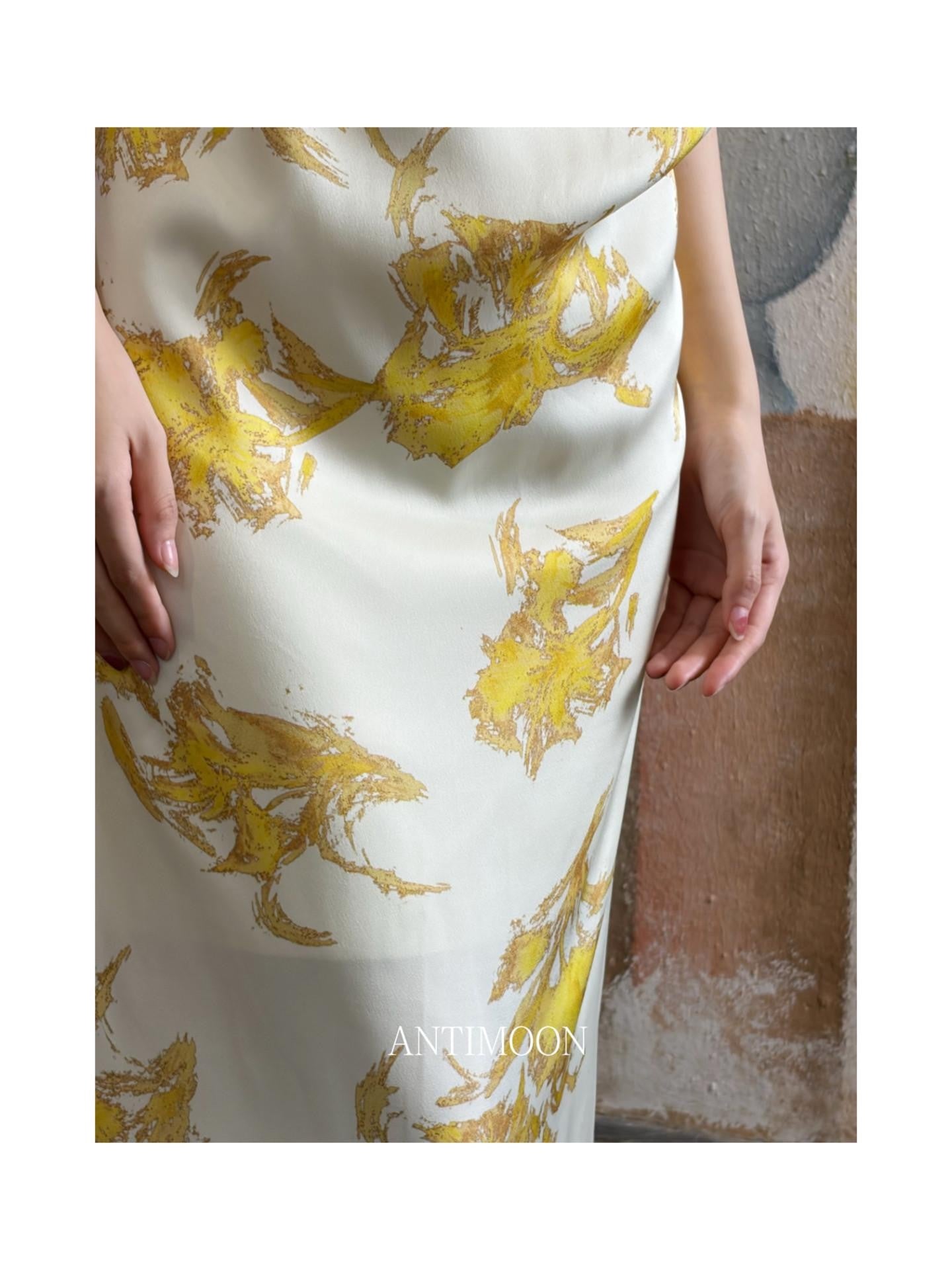 ANTIMOON Gold Foil Floral Print Halter Draped Neck Women's Polyester Boho Maxi Dresses
