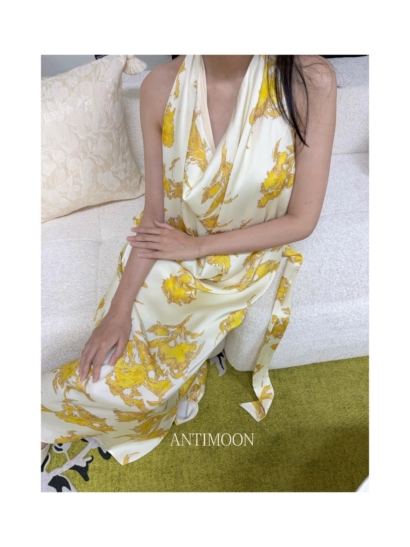 ANTIMOON Gold Foil Floral Print Halter Draped Neck Women's Polyester Boho Maxi Dresses