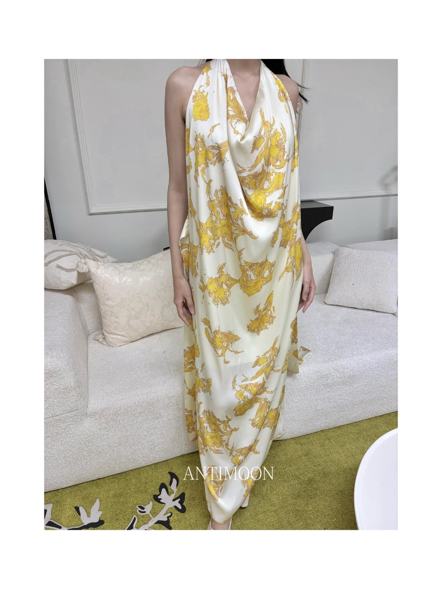 ANTIMOON Gold Foil Floral Print Halter Draped Neck Women's Polyester Boho Maxi Dresses