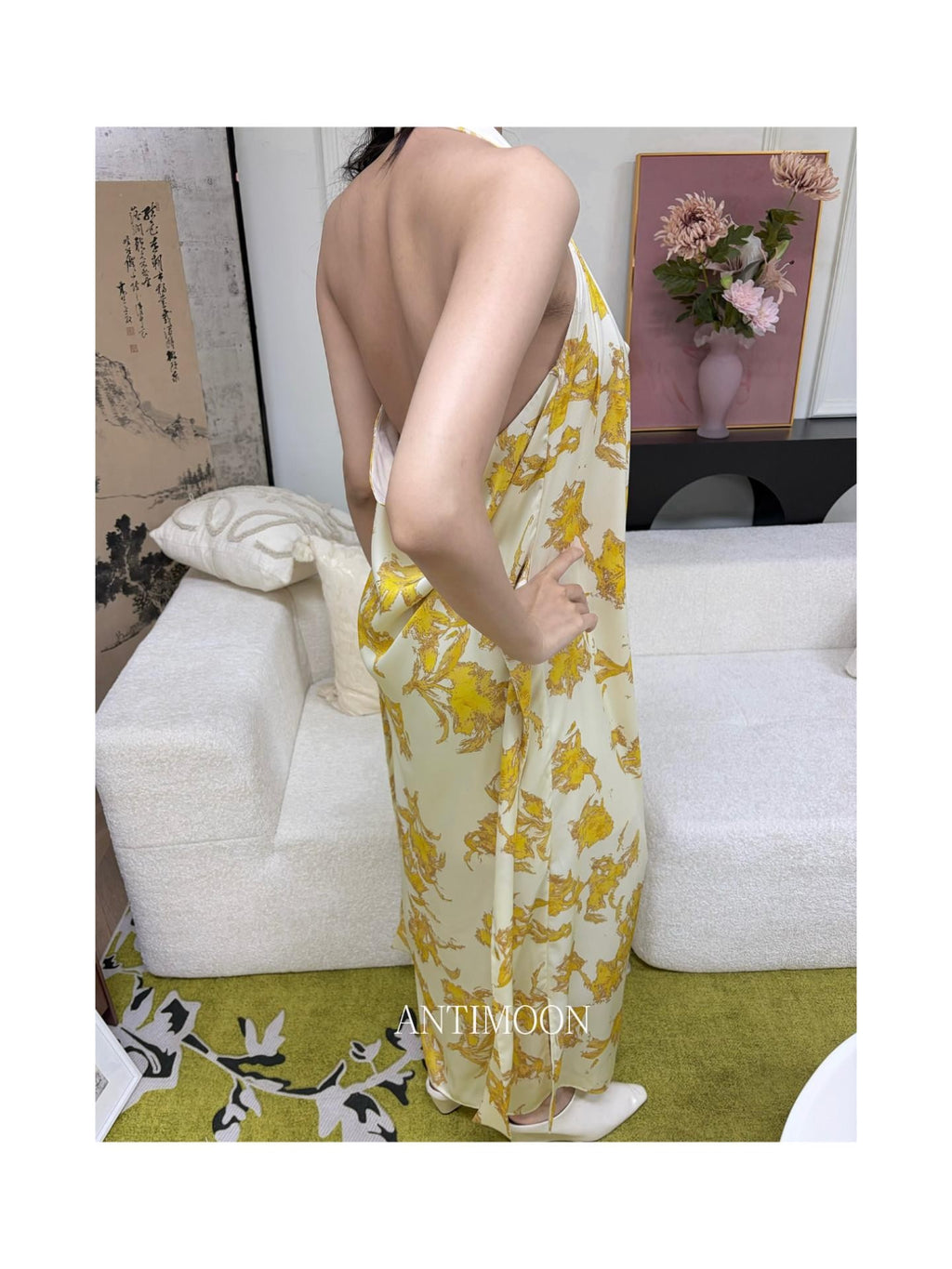 ANTIMOON Gold Foil Floral Print Halter Draped Neck Women's Polyester Boho Maxi Dresses