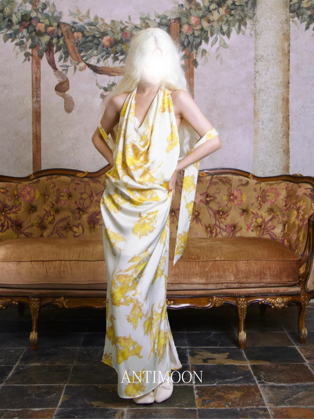 ANTIMOON Gold Foil Floral Print Halter Draped Neck Women's Polyester Boho Maxi Dresses