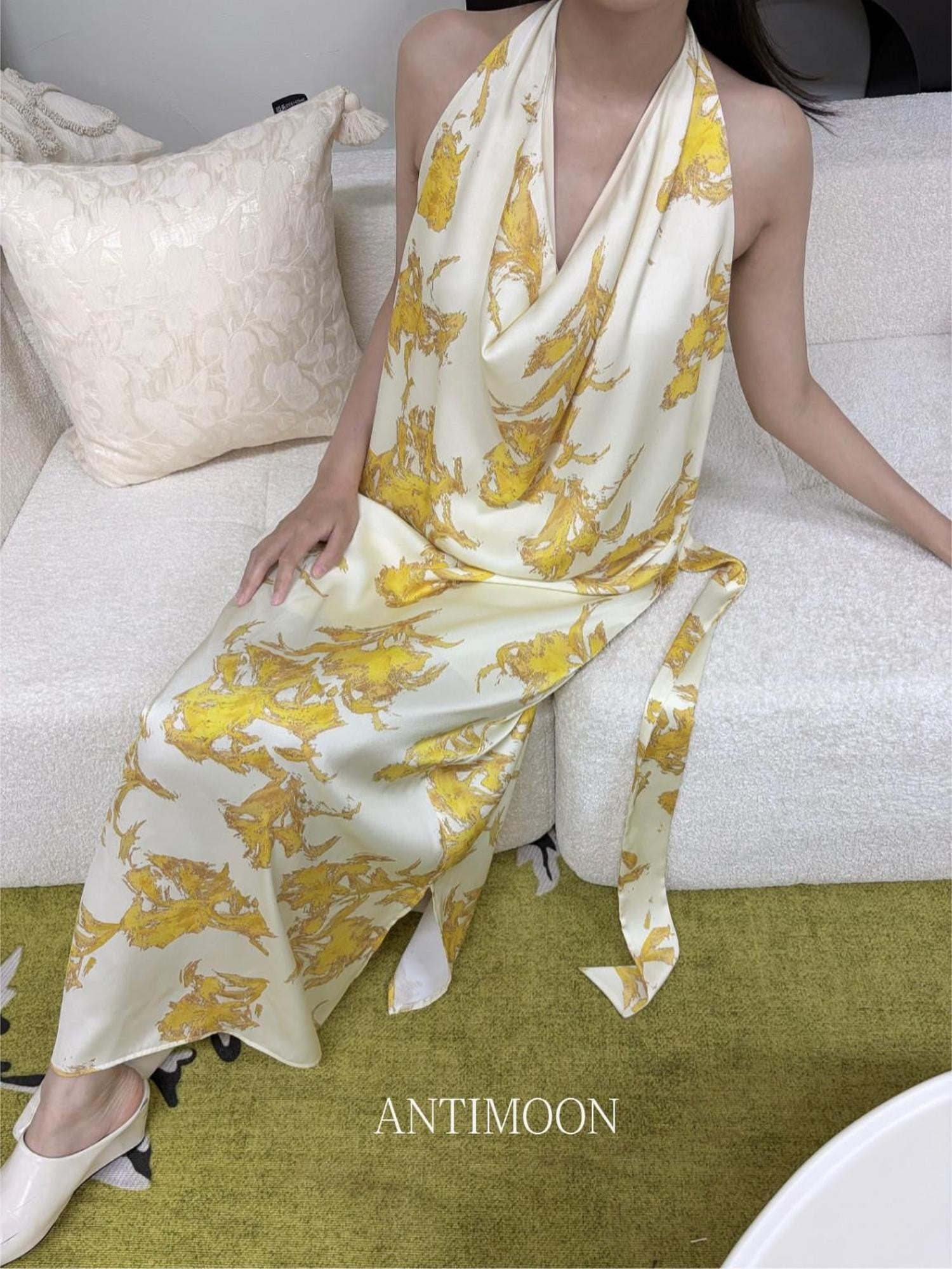 ANTIMOON Gold Foil Floral Print Halter Draped Neck Women's Polyester Boho Maxi Dresses