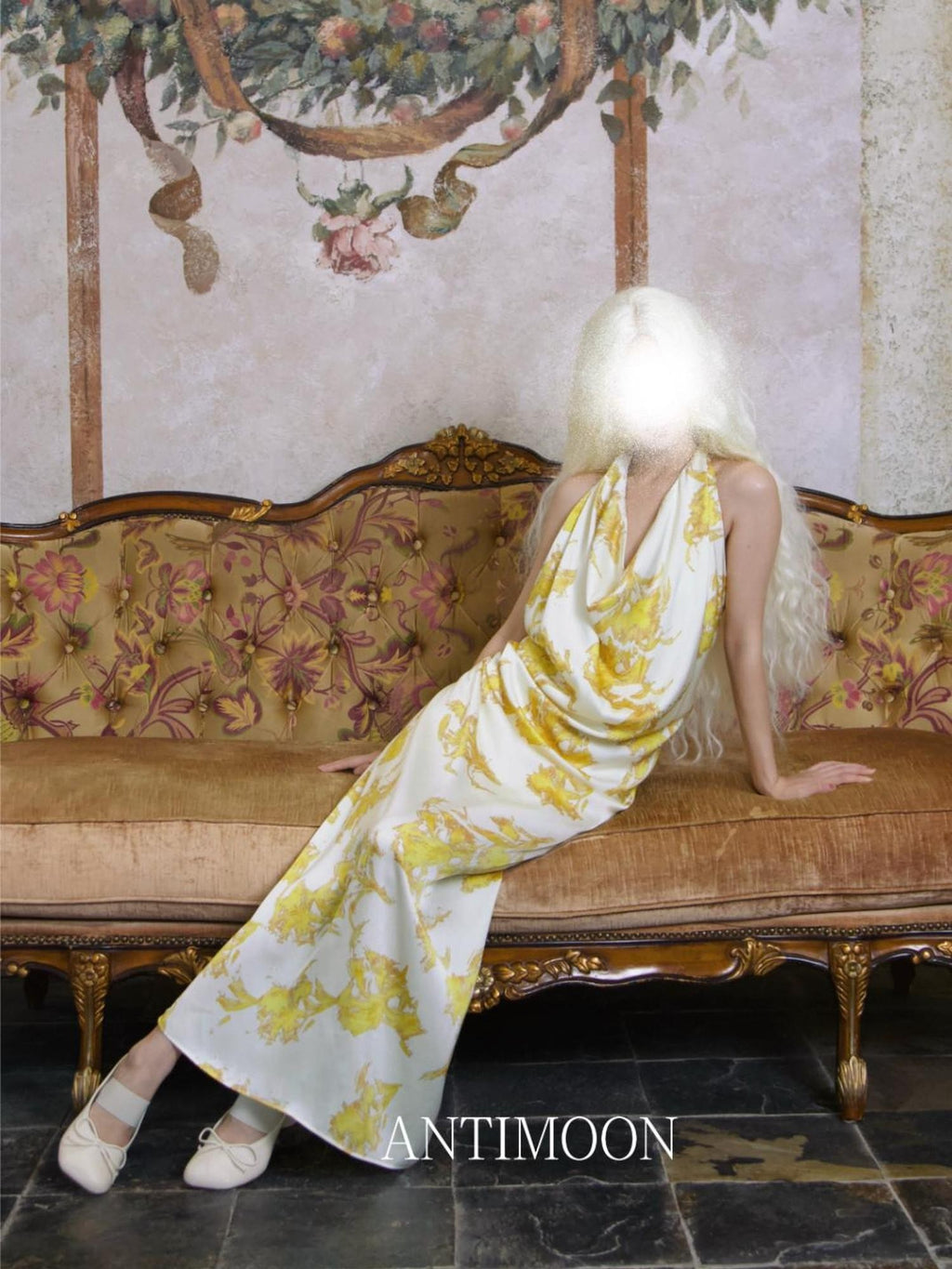 ANTIMOON Gold Foil Floral Print Halter Draped Neck Women's Polyester Boho Maxi Dresses