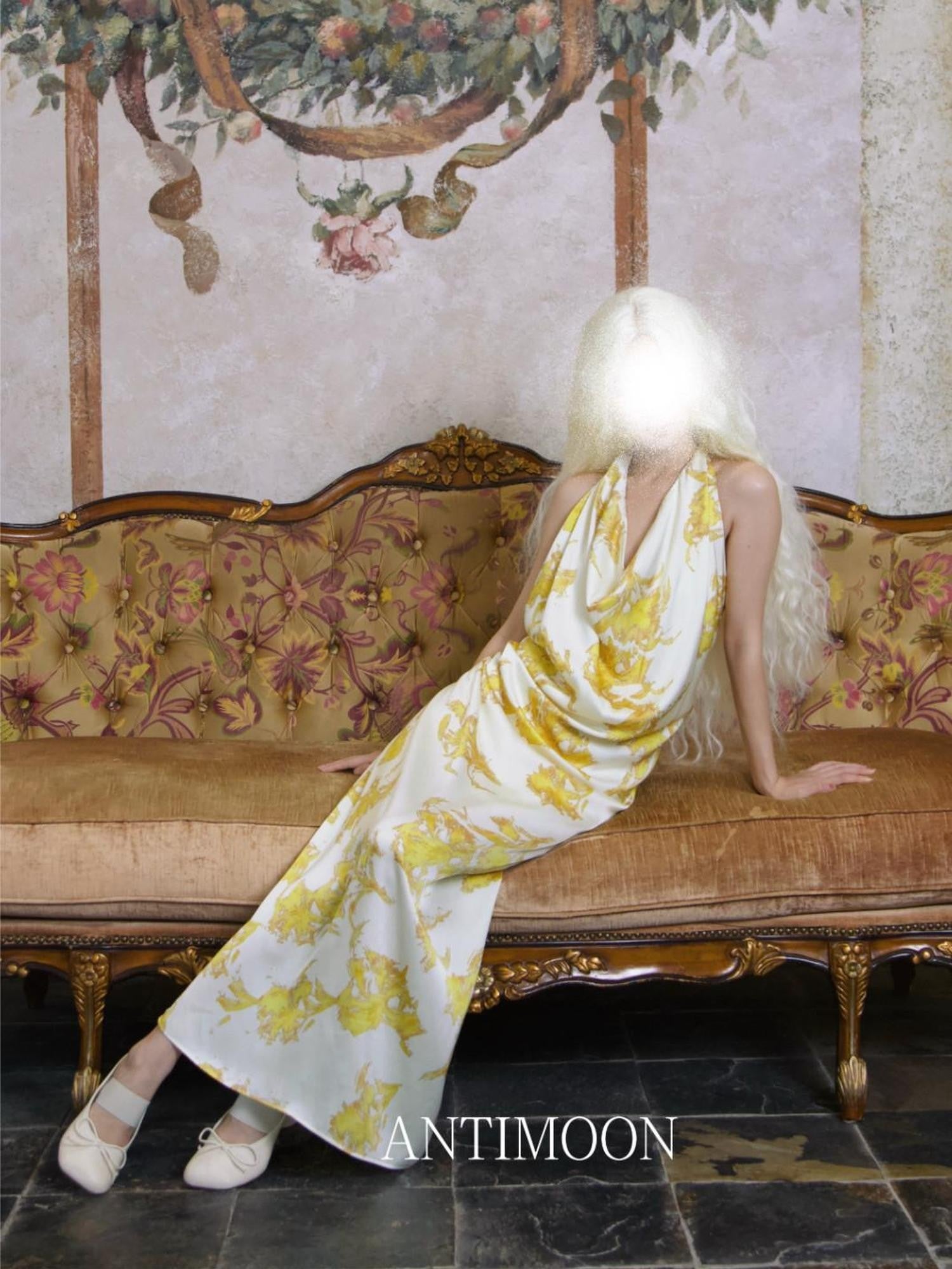 ANTIMOON Gold Foil Floral Print Halter Draped Neck Women's Polyester Boho Maxi Dresses