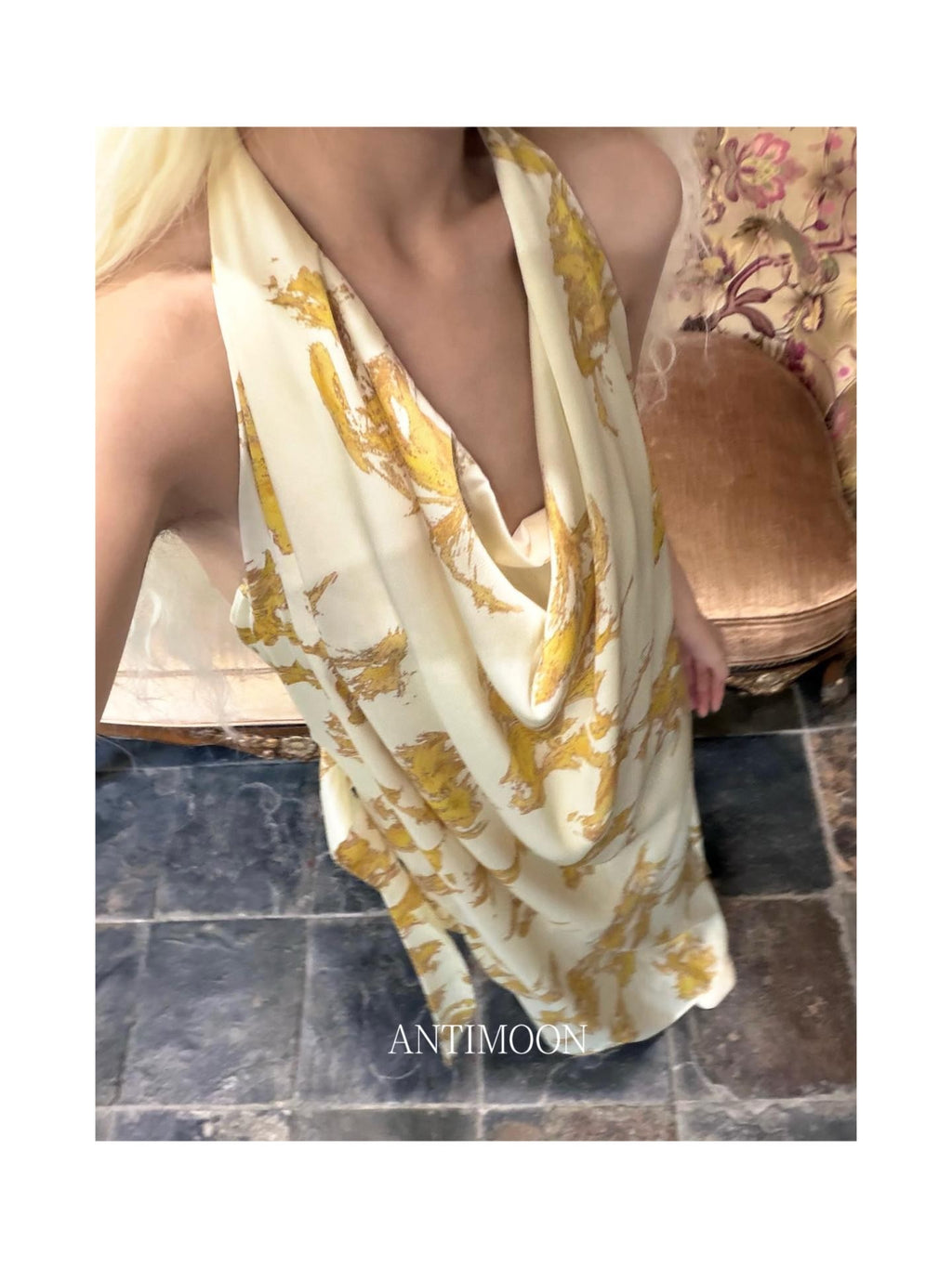 ANTIMOON Gold Foil Floral Print Halter Draped Neck Women's Polyester Boho Maxi Dresses