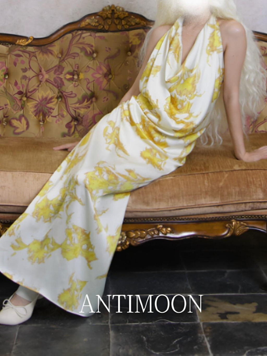 ANTIMOON Gold Foil Floral Print Halter Draped Neck Women's Polyester Boho Maxi Dresses