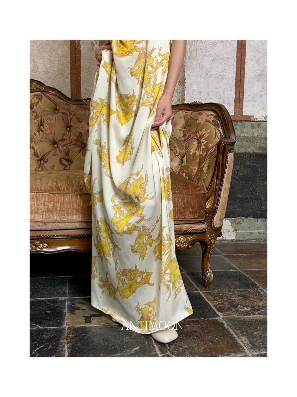 ANTIMOON Gold Foil Floral Print Halter Draped Neck Women's Polyester Boho Maxi Dresses