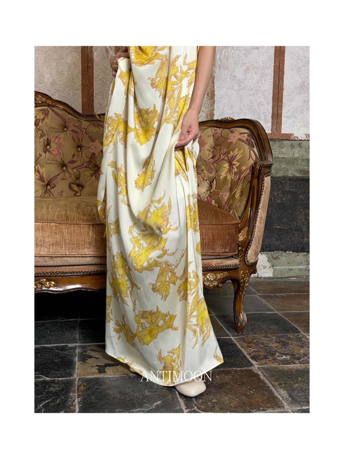 ANTIMOON Gold Foil Floral Print Halter Draped Neck Women's Polyester Boho Maxi Dresses