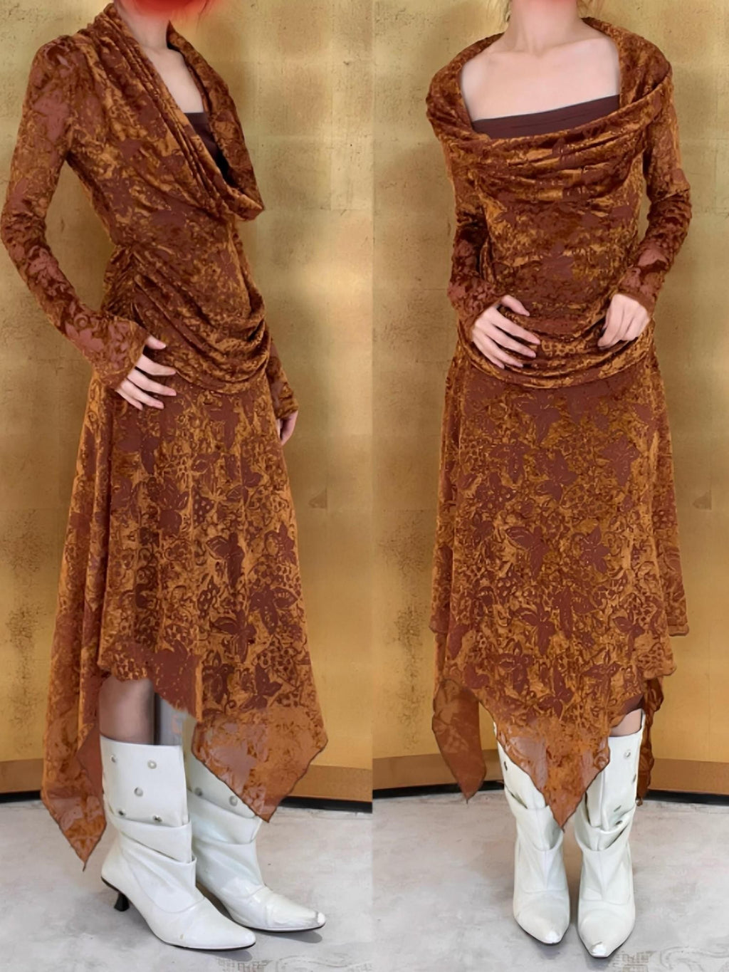 ANTIMOON Gold Sand Totem Flocked Mesh Asymmetric Women's Polyester Casual Maxi Dresses