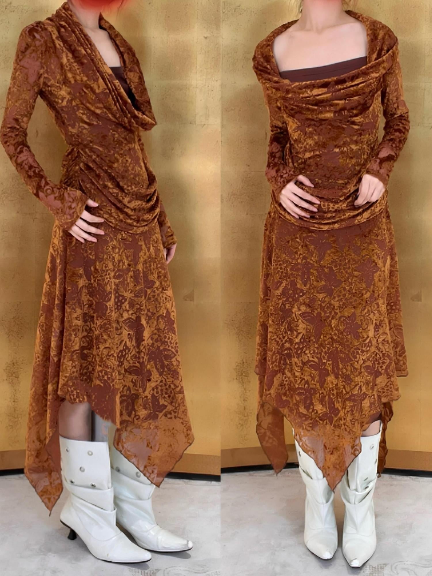ANTIMOON Gold Sand Totem Flocked Mesh Asymmetric Women's Polyester Casual Maxi Dresses