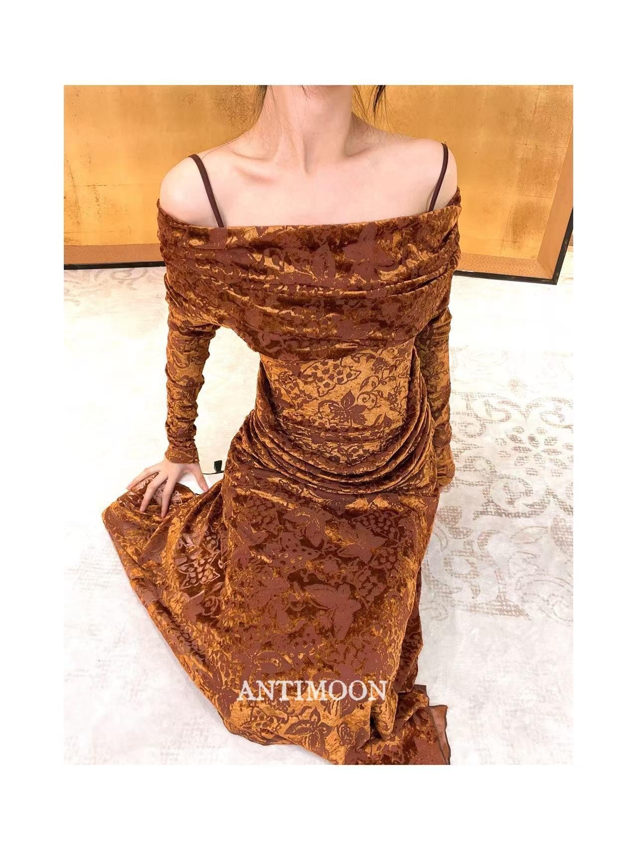 ANTIMOON Gold Sand Totem Flocked Mesh Asymmetric Women's Polyester Casual Maxi Dresses