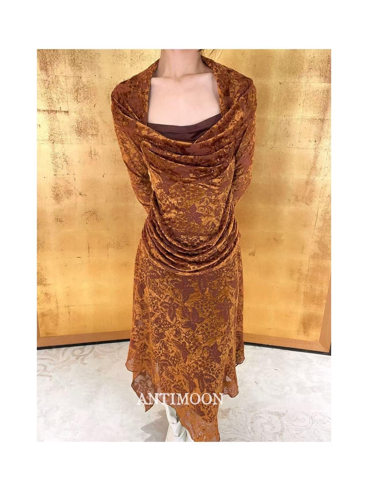 ANTIMOON Gold Sand Totem Flocked Mesh Asymmetric Women's Polyester Casual Maxi Dresses