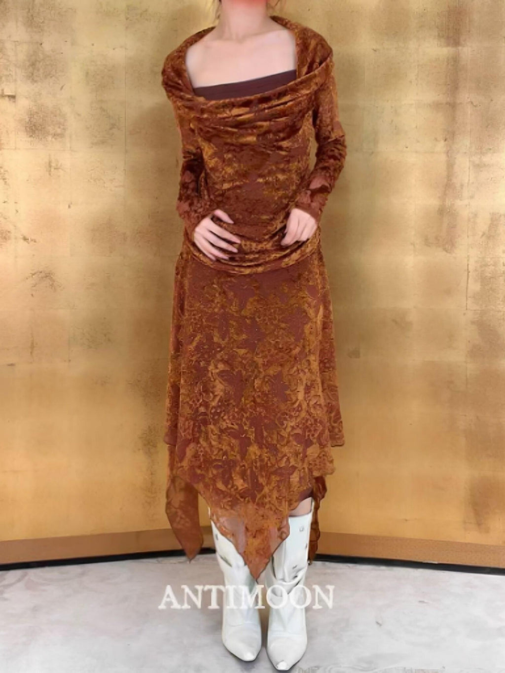 ANTIMOON Gold Sand Totem Flocked Mesh Asymmetric Women's Polyester Casual Maxi Dresses