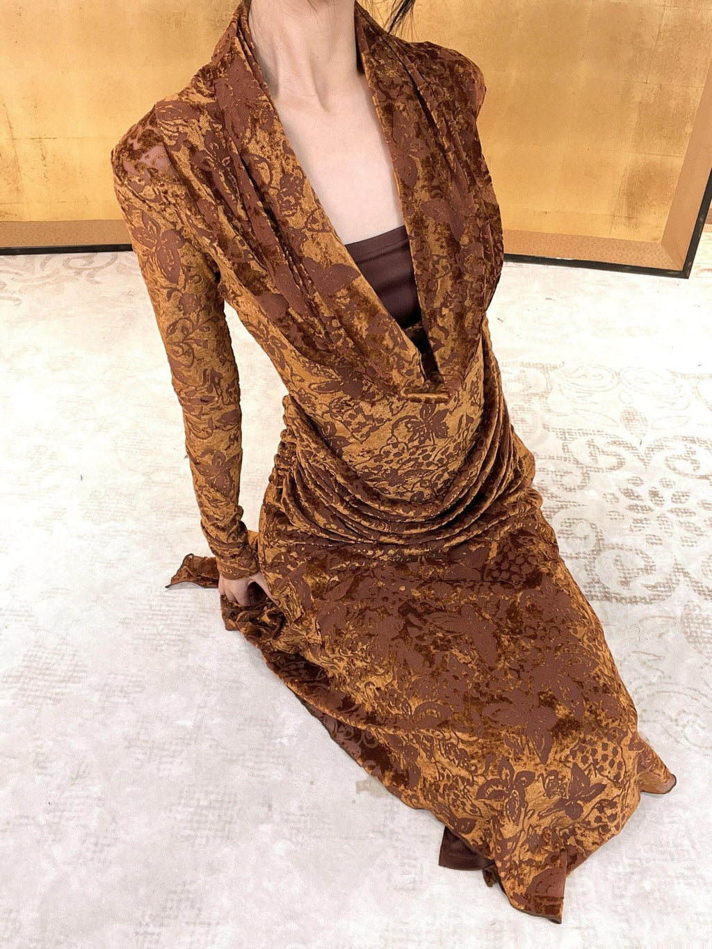 ANTIMOON Gold Sand Totem Flocked Mesh Asymmetric Women's Polyester Casual Maxi Dresses