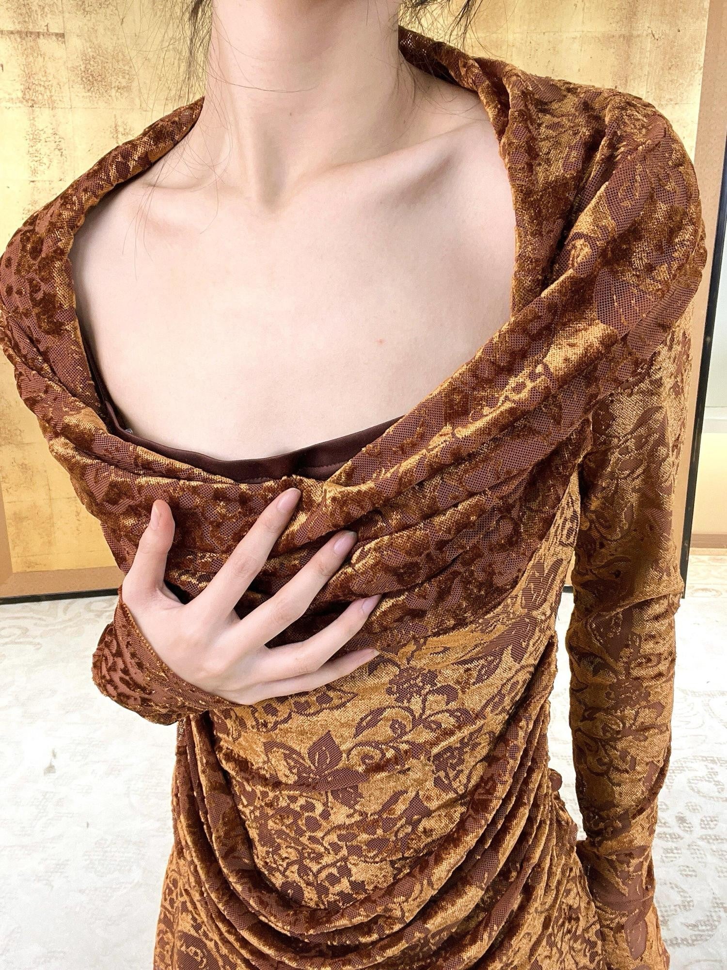 ANTIMOON Gold Sand Totem Flocked Mesh Asymmetric Women's Polyester Casual Maxi Dresses