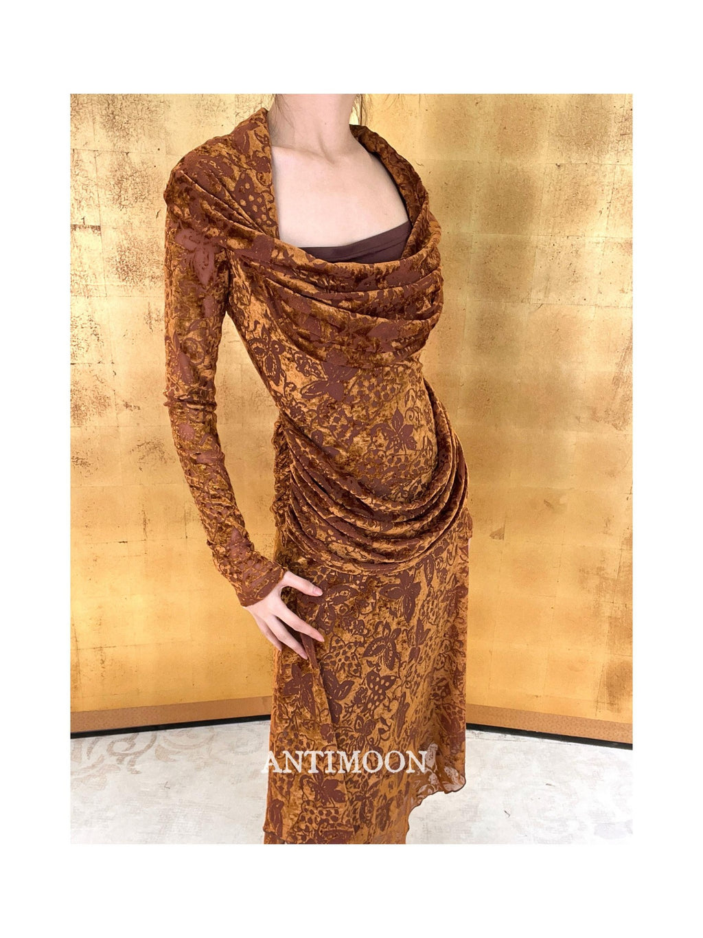 ANTIMOON Gold Sand Totem Flocked Mesh Asymmetric Women's Polyester Casual Maxi Dresses