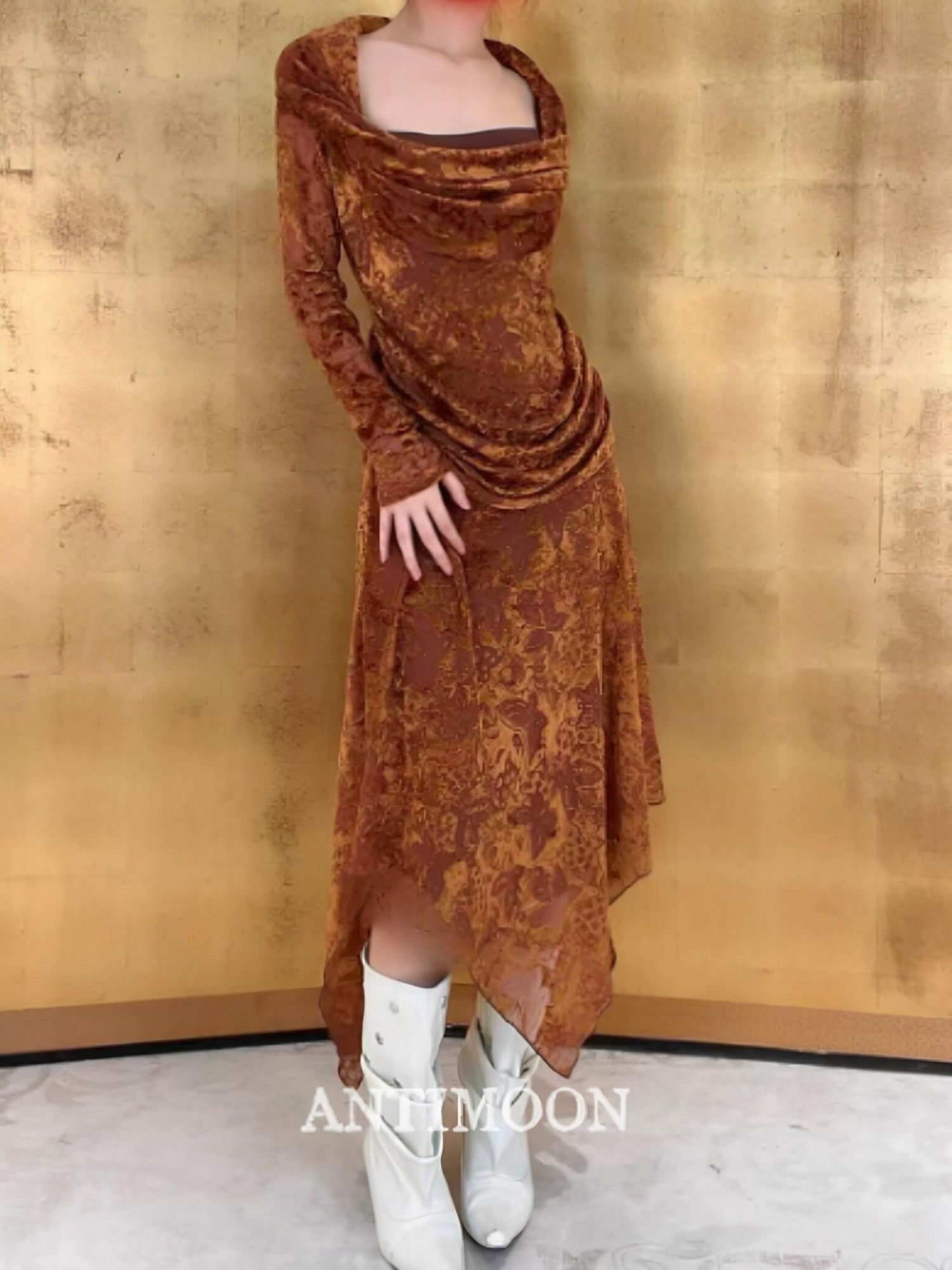 ANTIMOON Gold Sand Totem Flocked Mesh Asymmetric Women's Polyester Casual Maxi Dresses