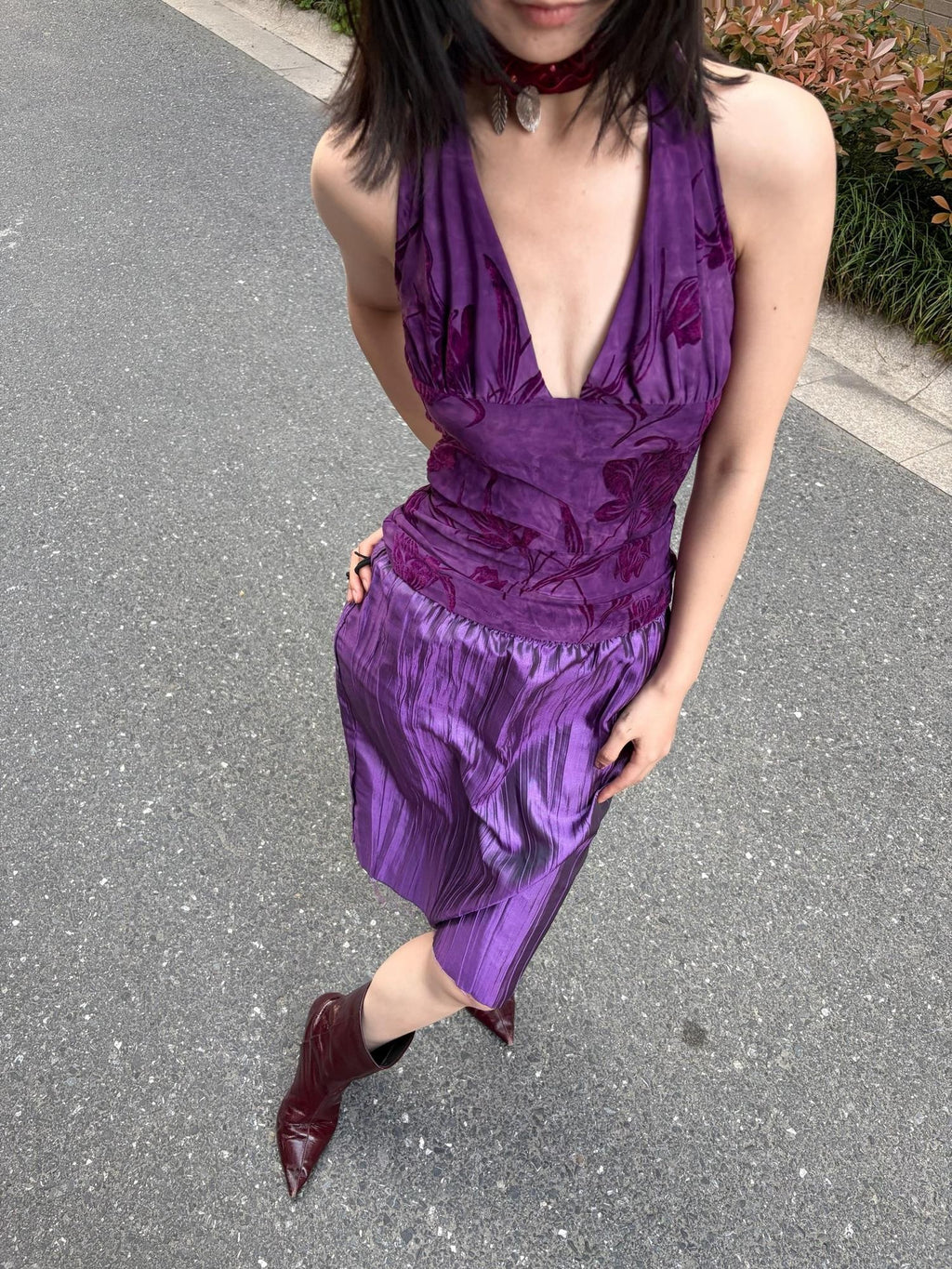 ANTIMOON Grape Purple Floral Print 3d Texture Halter Slim Women's Polyester Camisoles