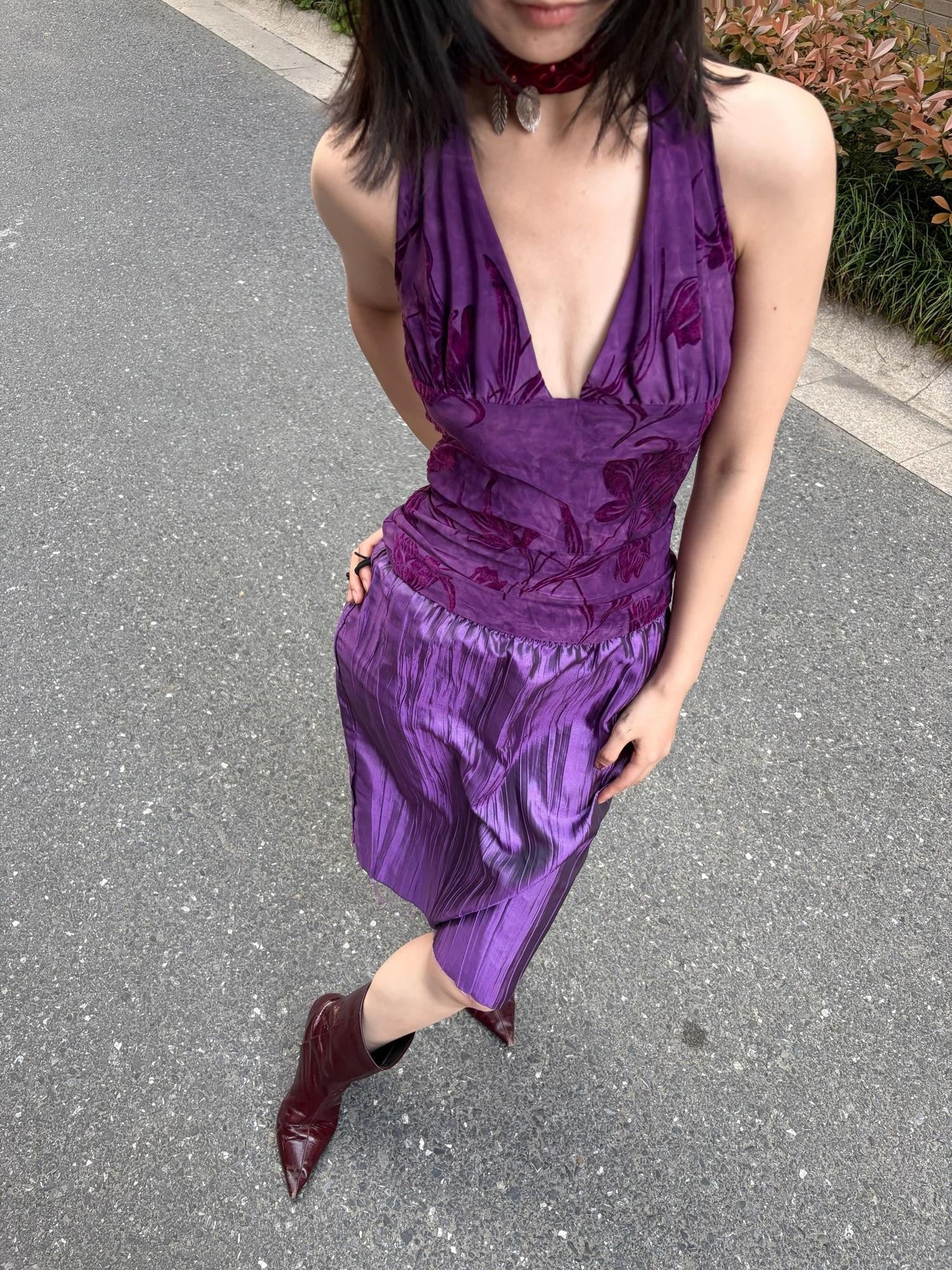 ANTIMOON Grape Purple Floral Print 3d Texture Halter Slim Women's Polyester Camisoles