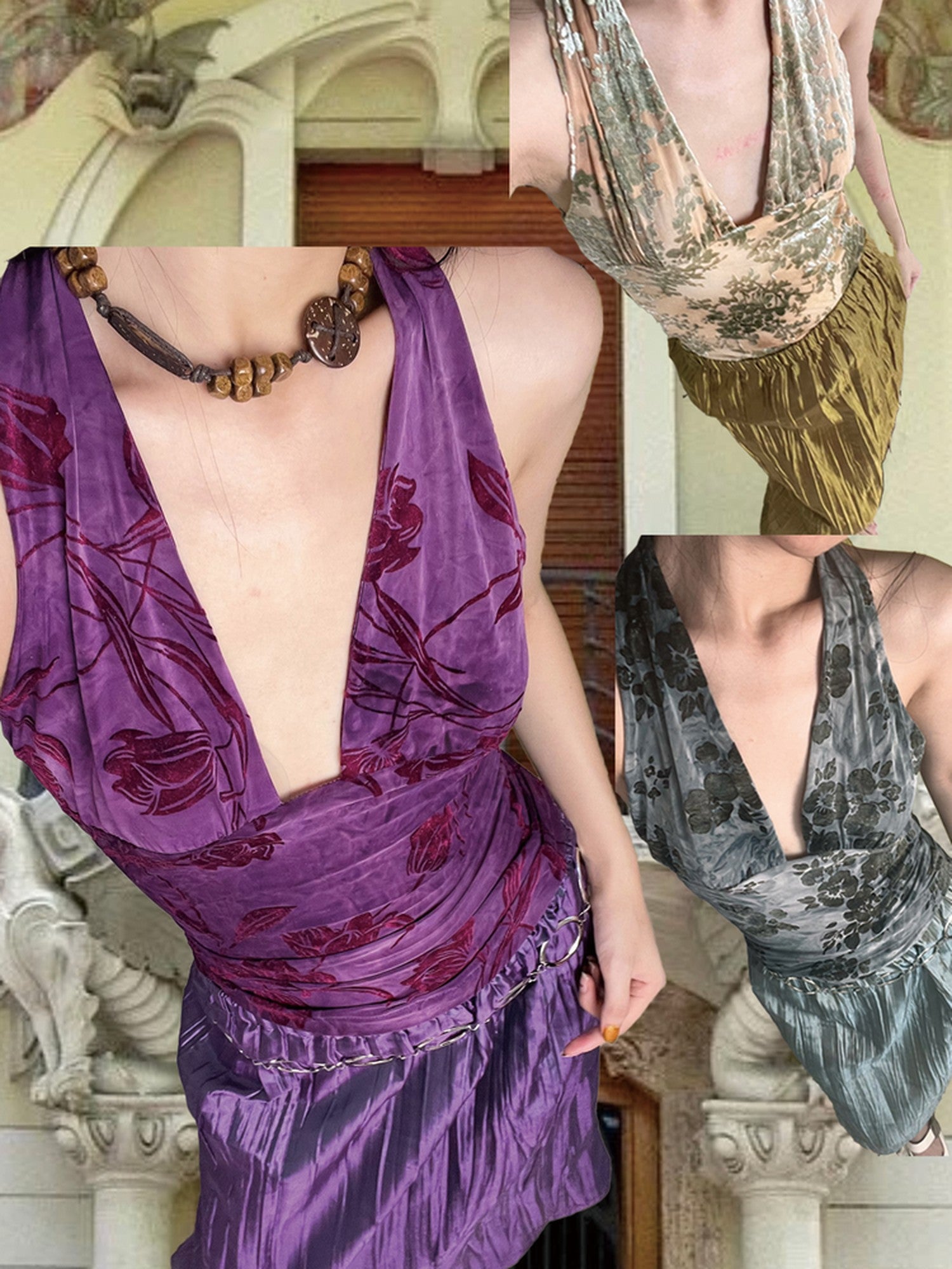 ANTIMOON Grape Purple Floral Print 3d Texture Halter Slim Women's Polyester Camisoles