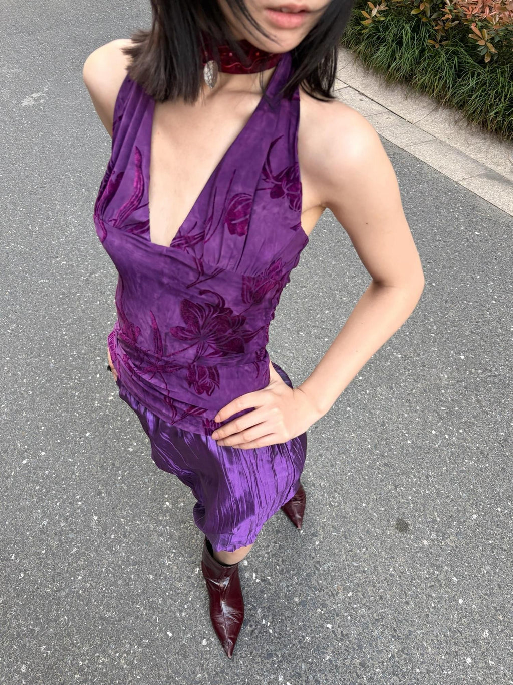ANTIMOON Grape Purple Floral Print 3d Texture Halter Slim Women's Polyester Camisoles
