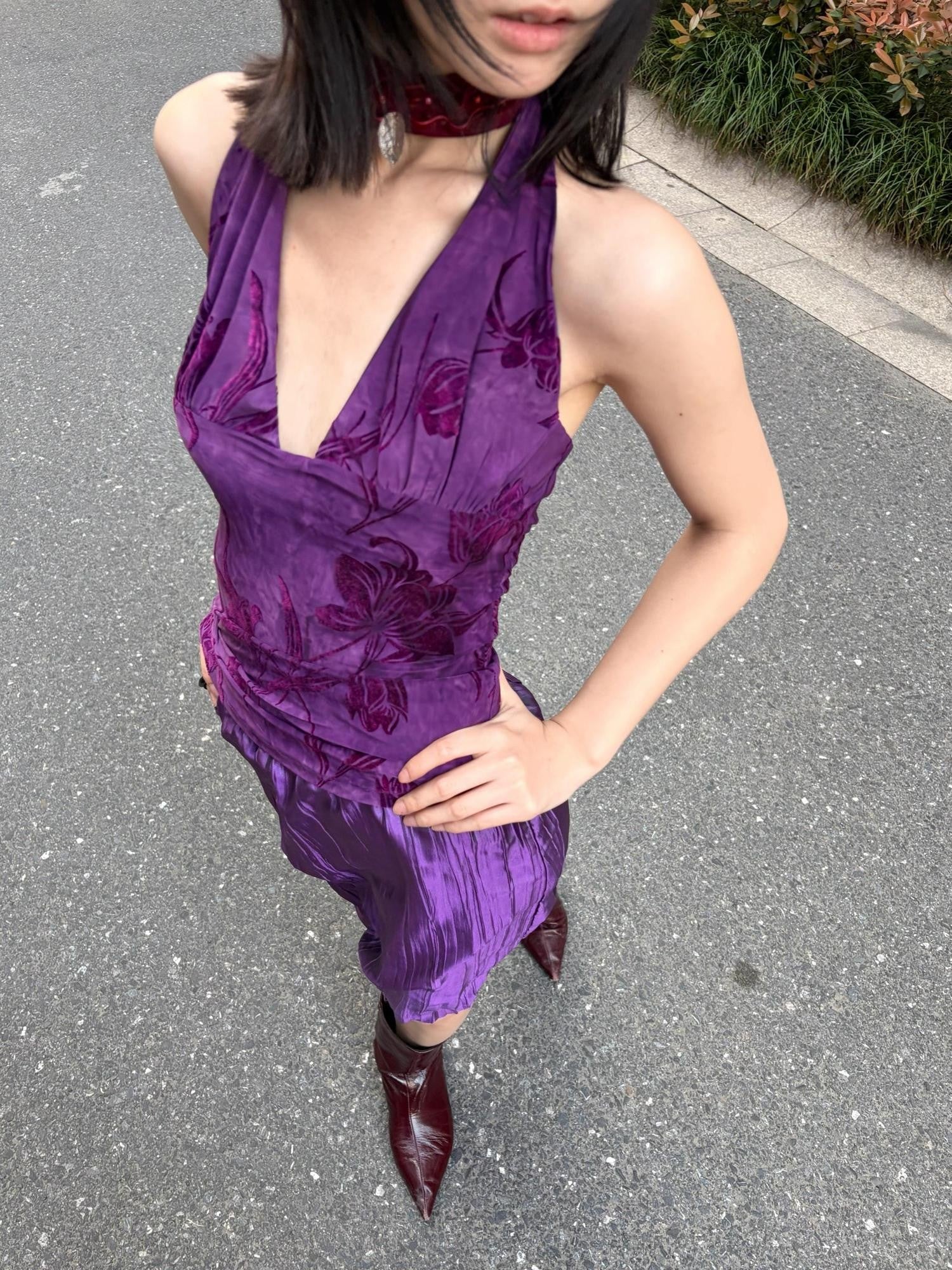 ANTIMOON Grape Purple Floral Print 3d Texture Halter Slim Women's Polyester Camisoles