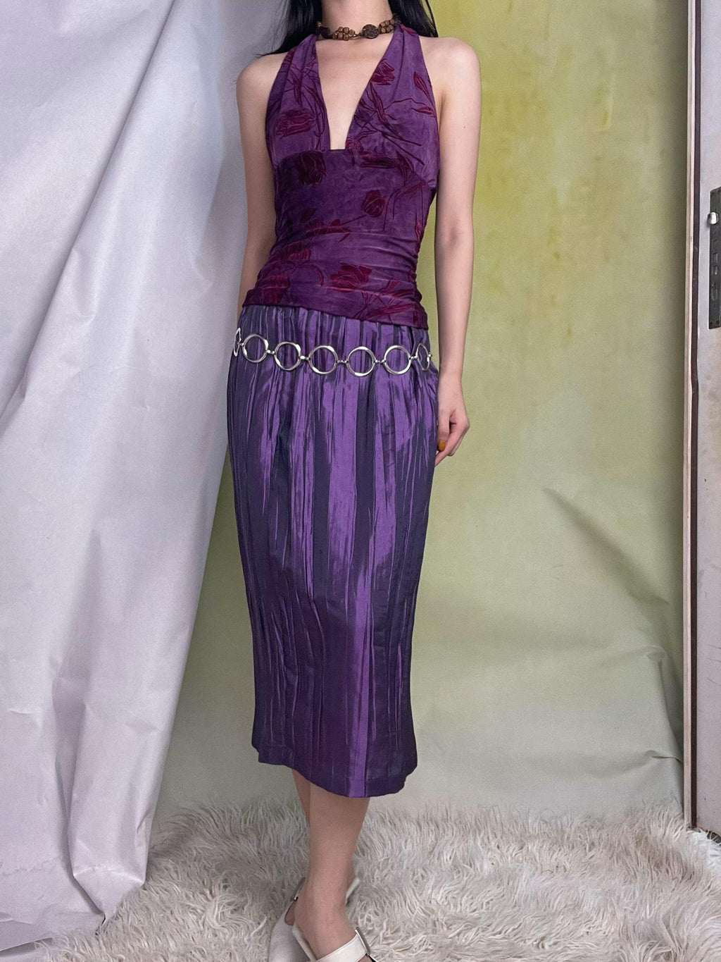 ANTIMOON Grape Purple Floral Print 3d Texture Halter Slim Women's Polyester Camisoles