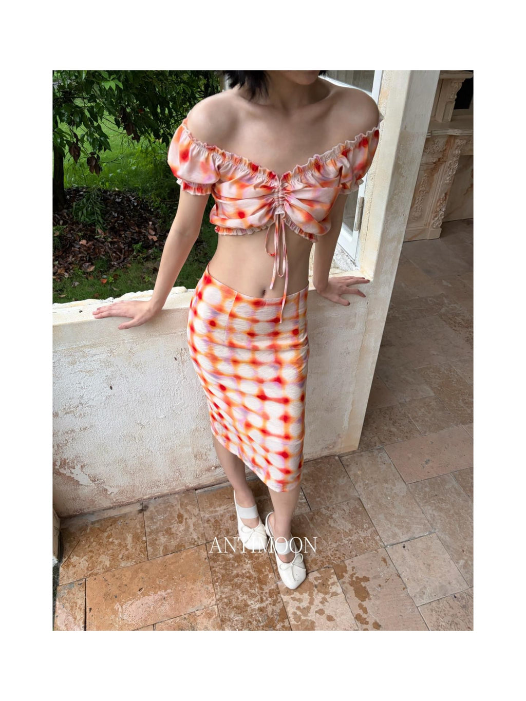 ANTIMOON Grapefruit Speckle Dopamine Print Puff Sleeves Women's Linen Matching Skirt Sets
