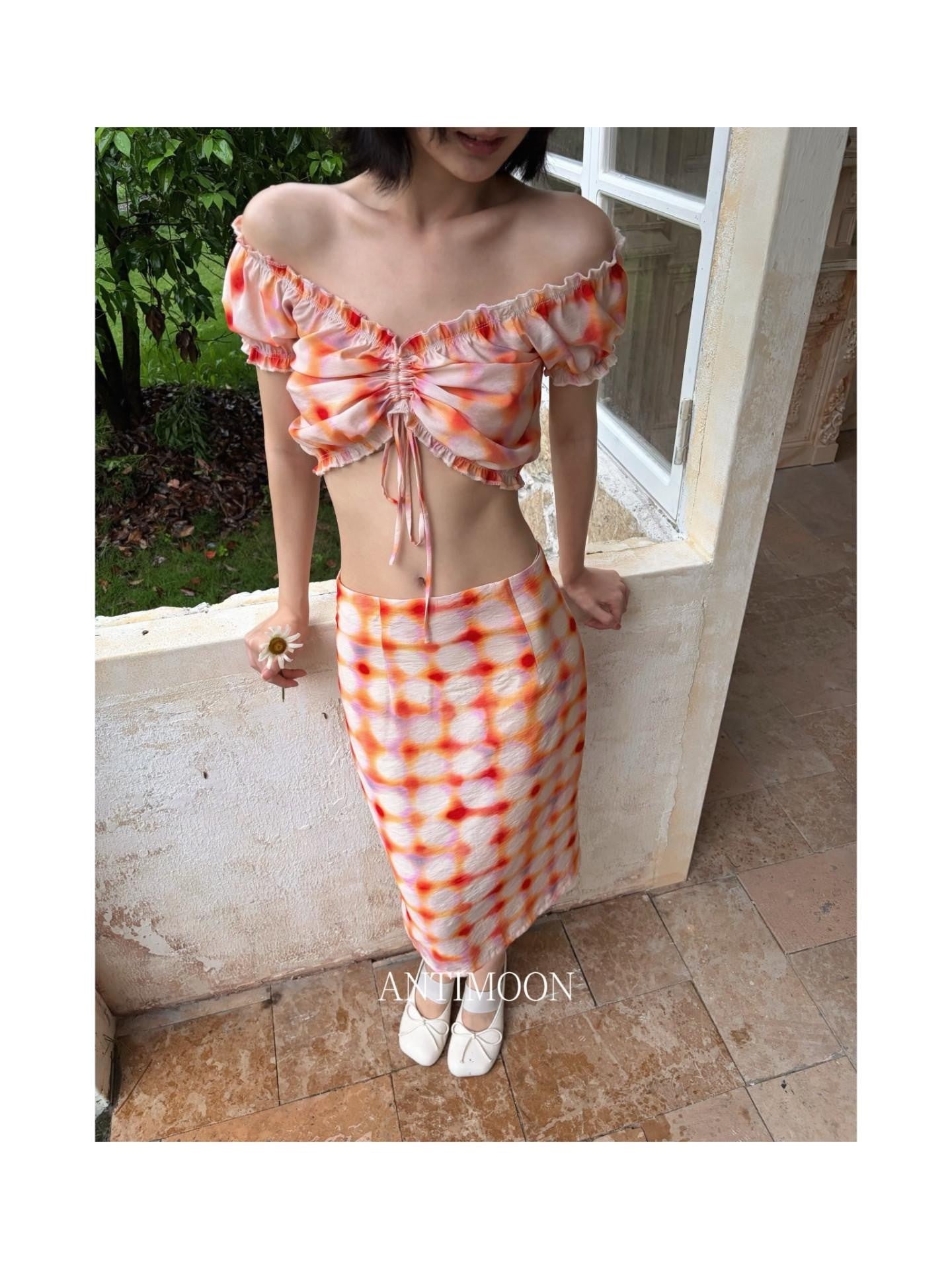 ANTIMOON Grapefruit Speckle Dopamine Print Puff Sleeves Women's Linen Matching Skirt Sets