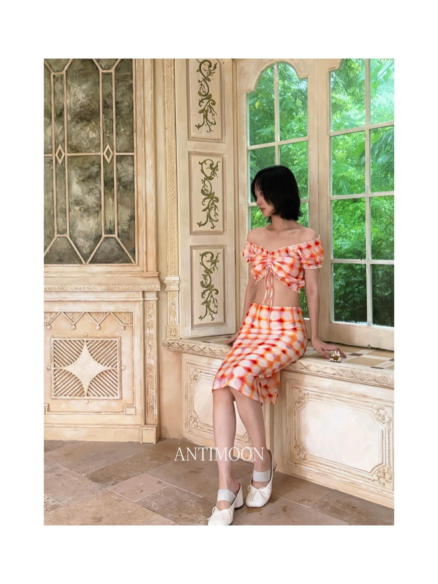 ANTIMOON Grapefruit Speckle Dopamine Print Puff Sleeves Women's Linen Matching Skirt Sets