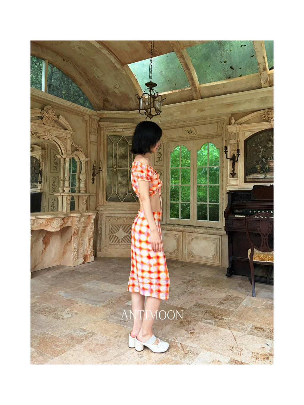 ANTIMOON Grapefruit Speckle Dopamine Print Puff Sleeves Women's Linen Matching Skirt Sets