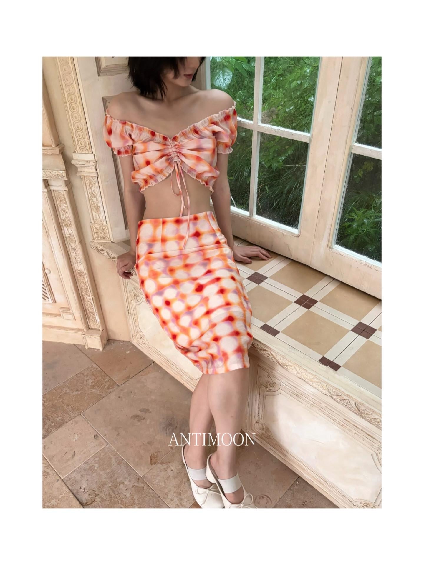 ANTIMOON Grapefruit Speckle Dopamine Print Puff Sleeves Women's Linen Matching Skirt Sets