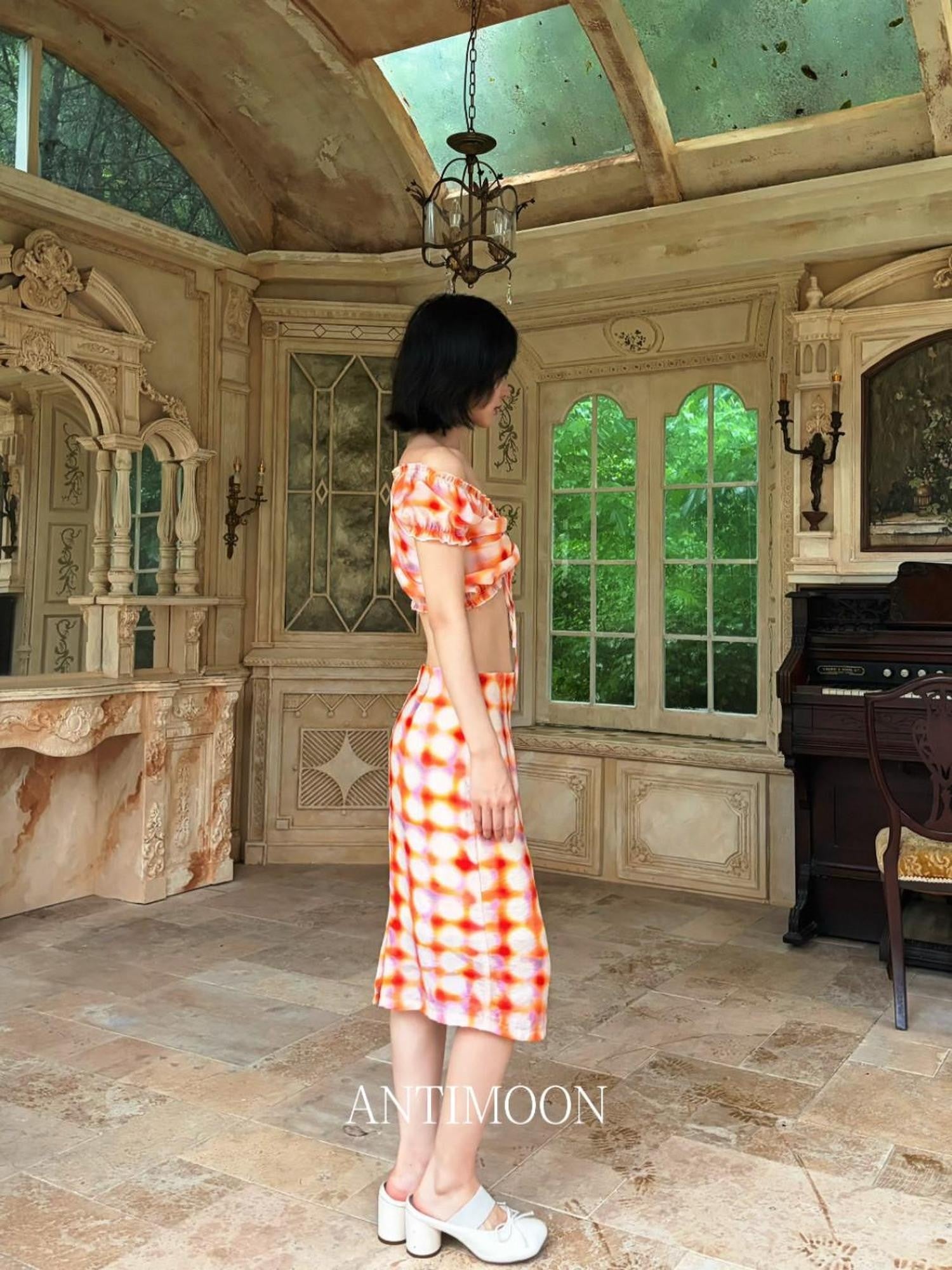 ANTIMOON Grapefruit Speckle Dopamine Print Puff Sleeves Women's Linen Matching Skirt Sets