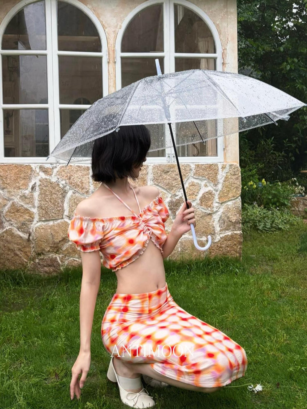 ANTIMOON Grapefruit Speckle Dopamine Print Puff Sleeves Women's Linen Matching Skirt Sets
