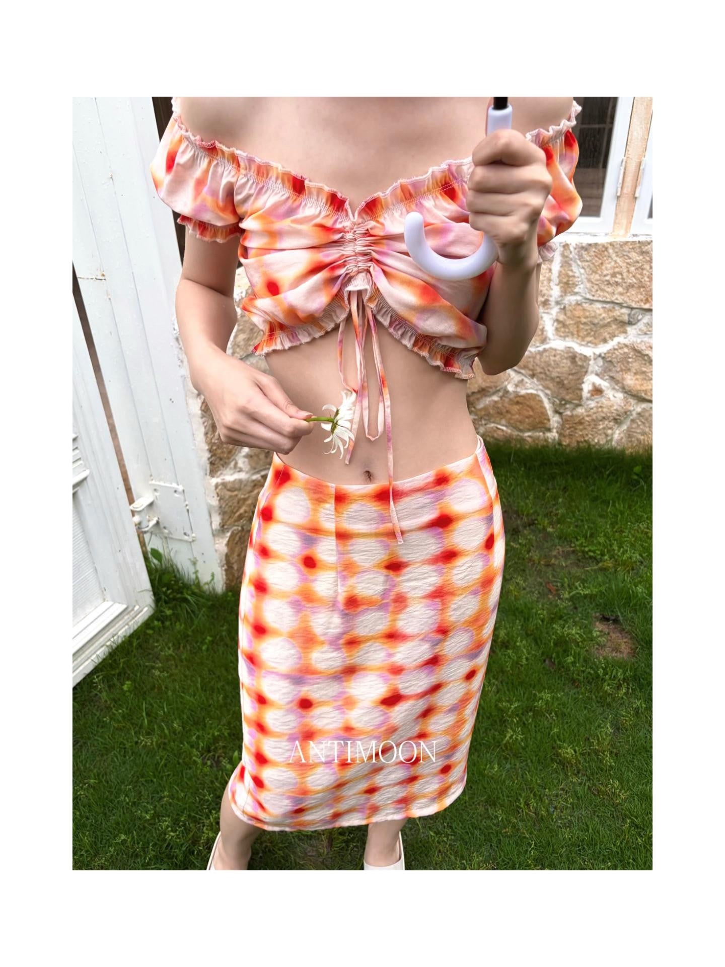 ANTIMOON Grapefruit Speckle Dopamine Print Puff Sleeves Women's Linen Matching Skirt Sets