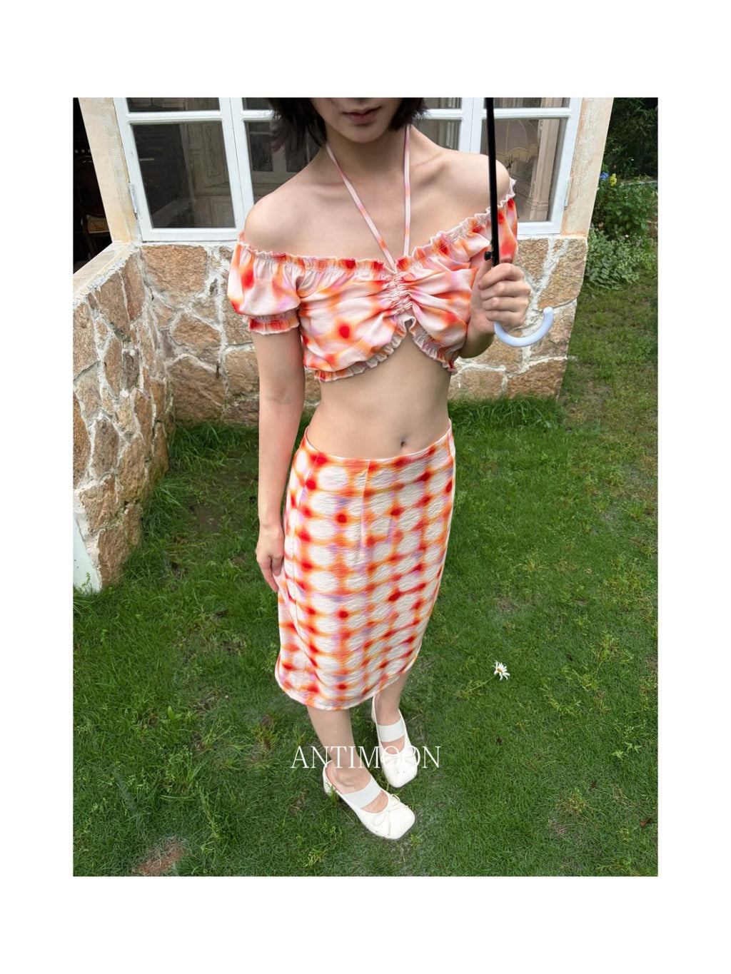 ANTIMOON Grapefruit Speckle Dopamine Print Puff Sleeves Women's Linen Matching Skirt Sets