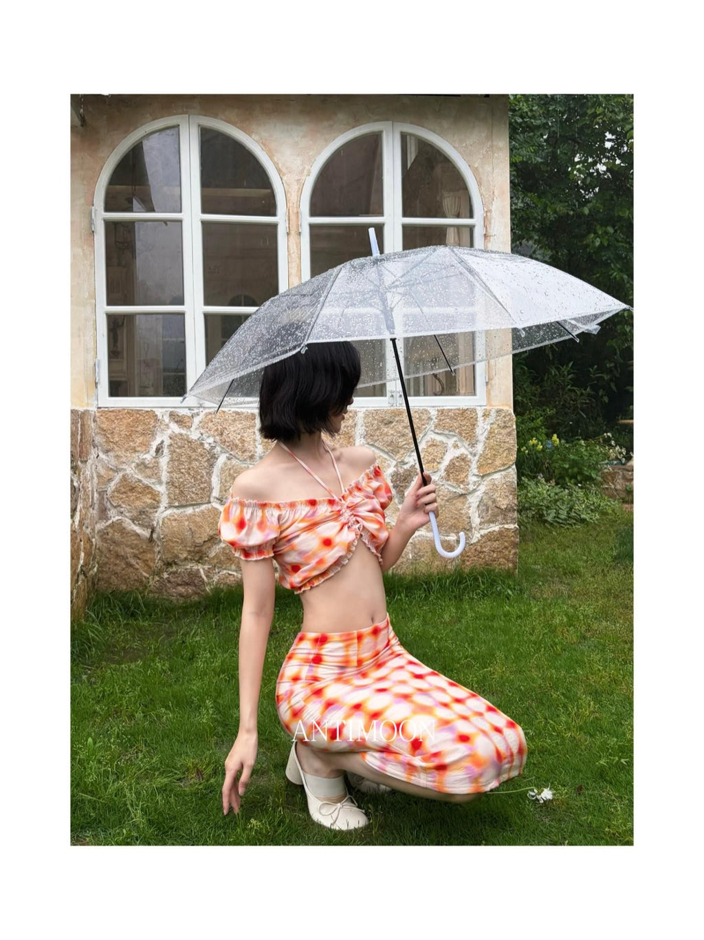 ANTIMOON Grapefruit Speckle Dopamine Print Puff Sleeves Women's Linen Matching Skirt Sets